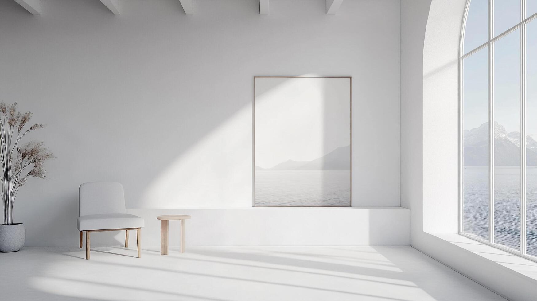 A minimalist room bathed in sunlight, featuring neutral tones, a chair, side table, artwork, and a view of the water and mountains. photo