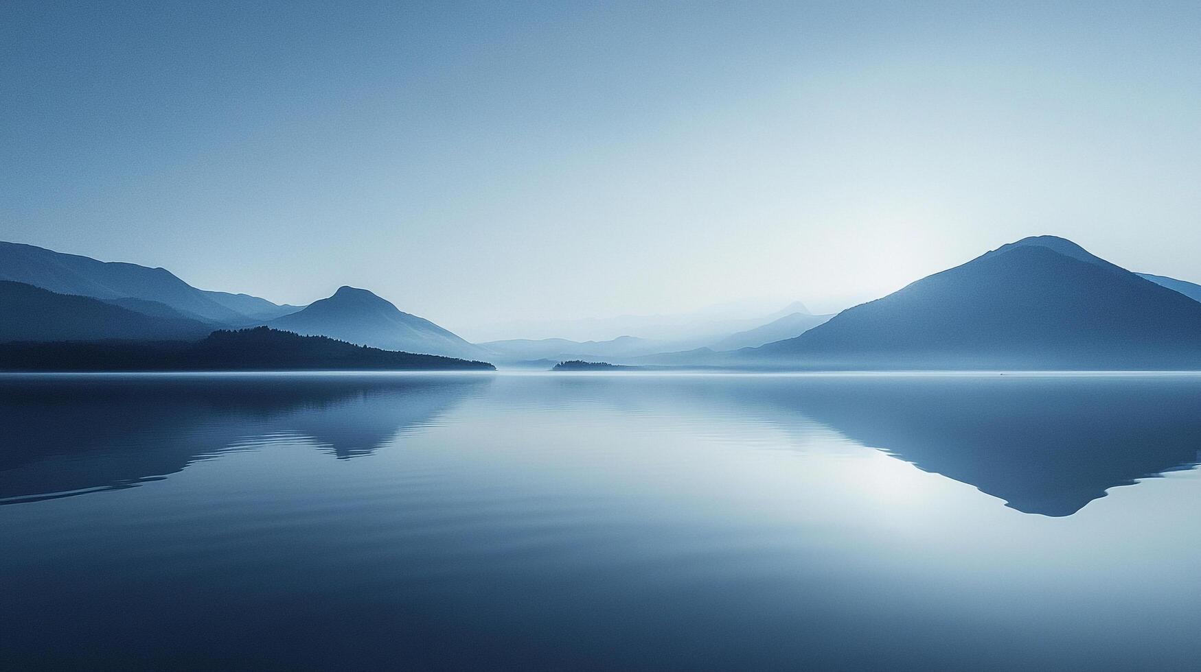 Serene mountain vista reflected in tranquil lake waters, bathed in soft blue hues. A scene of peace and natural harmony. photo