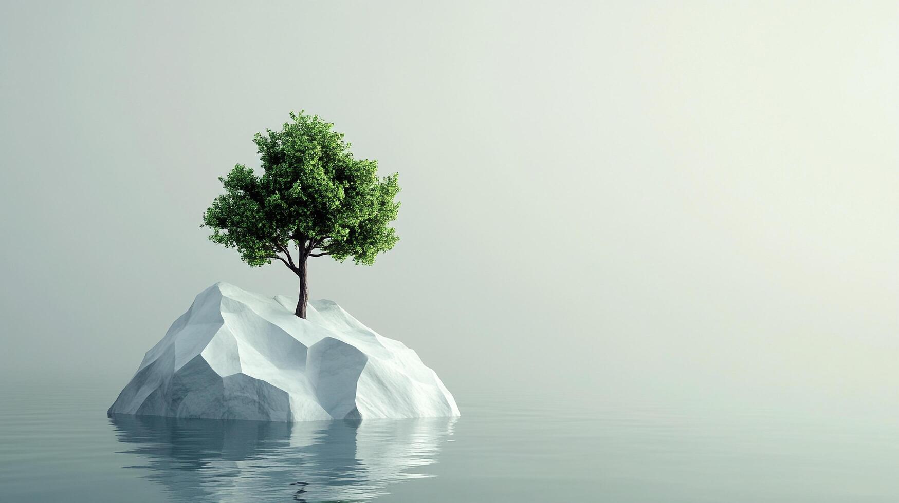 A solitary tree grows atop a white, geometric formation, mirroring its form in the calm waters surrounding its foundation. photo