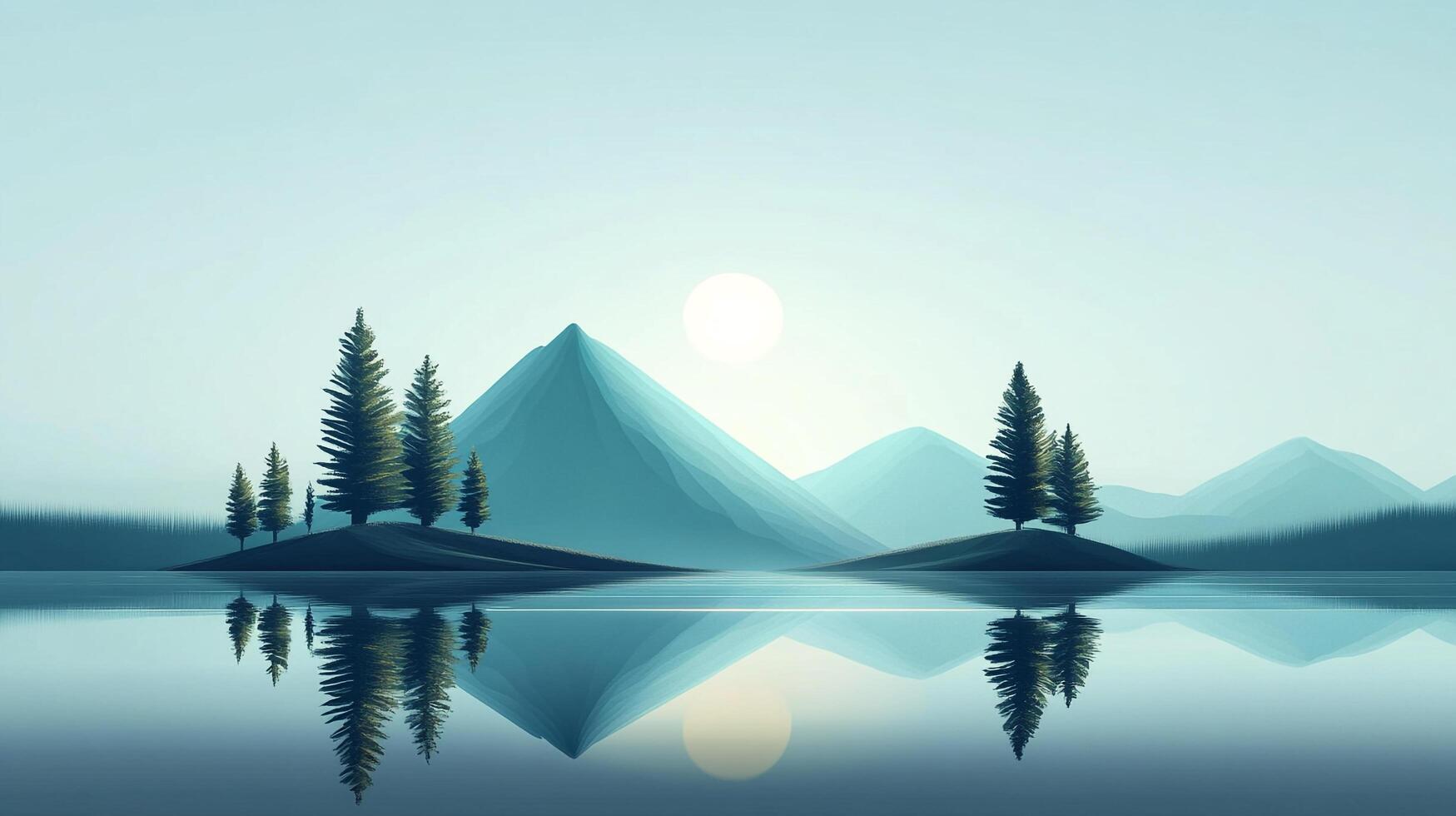 Serene lake landscape reflecting mountains, sun, and trees, in soft pastel colors creates peaceful scene. Stylized minimalist scenic view. photo