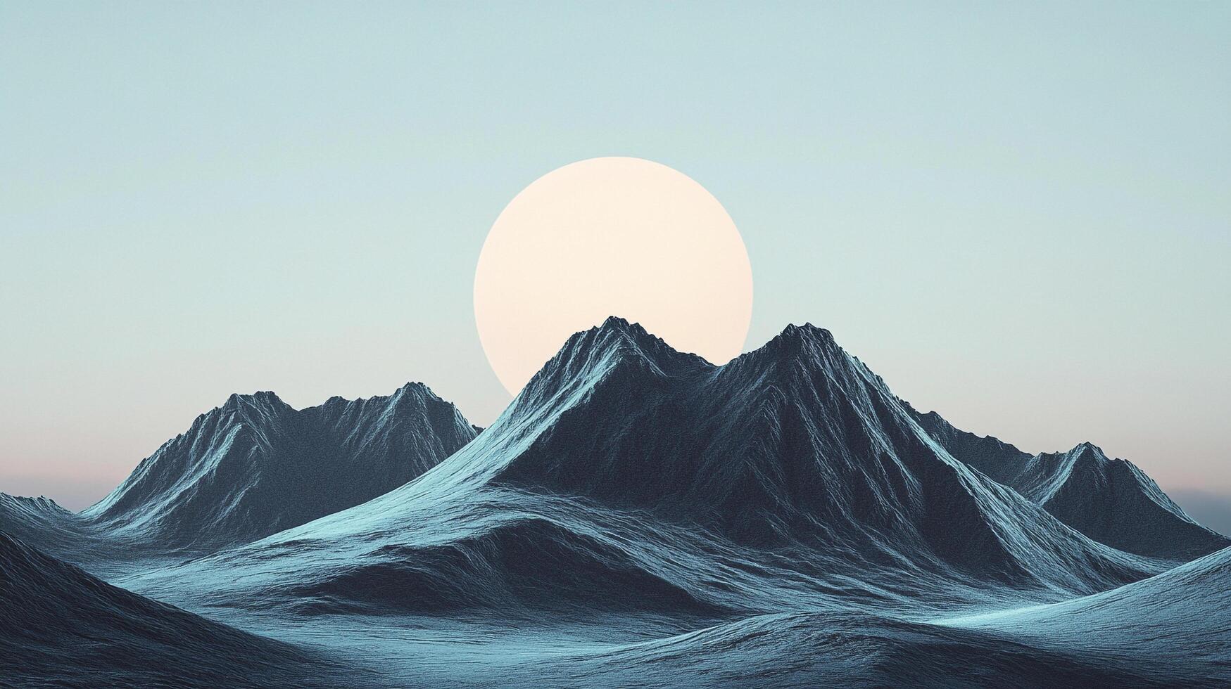 Minimalist landscape with jagged mountains under a bright, luminous sun, rendered in cool tones with a stylized, almost dreamy feel. photo