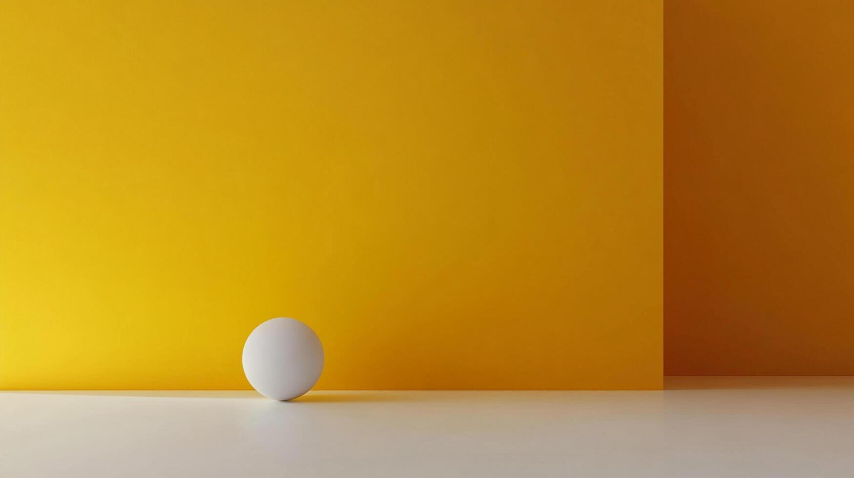 A bright yellow wall frames a simple, serene scene with a single white sphere on a light surface, embodying minimalistic art and calm. photo