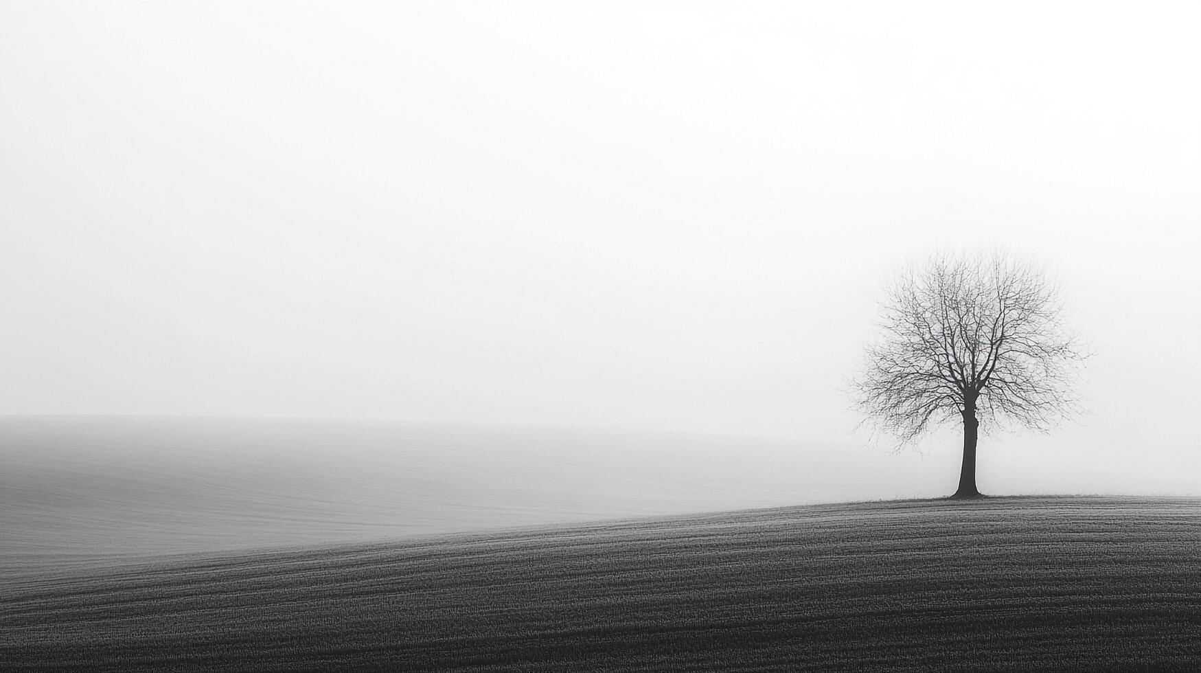 Solitary tree stands alone in vast, minimalist landscape. A monochrome symphony of nature's stark beauty in a tranquil field setting. photo