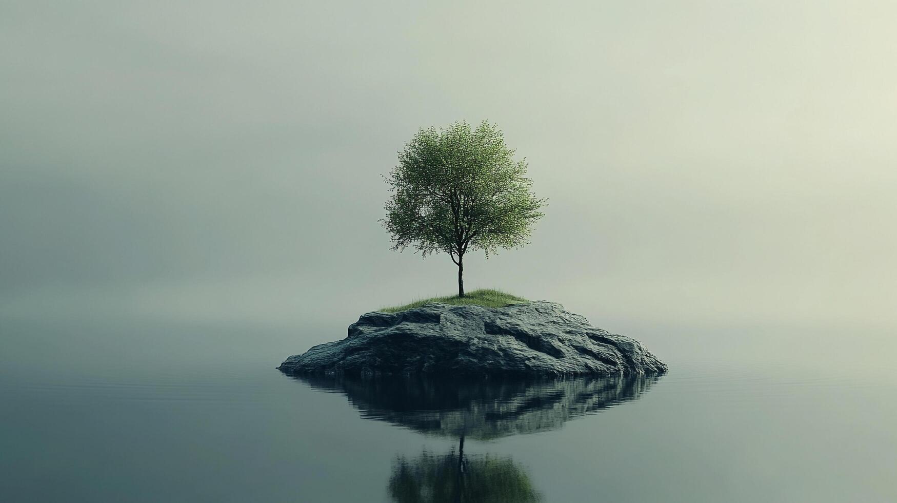 Solitary tree on rock island, reflected in still water under a misty sky. Calm landscape with cool tones and minimalist design. photo