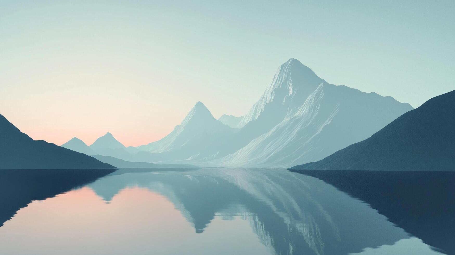 Serene mountain range reflecting on tranquil water, pale colors evoke a sense of peace. Breathtaking landscape scenery with soft hues photo
