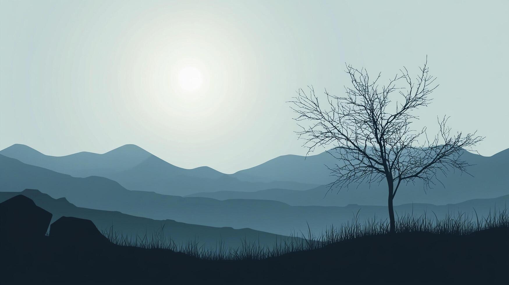 Serene mountain landscape with a bare tree silhouetted against a misty sky, creating a peaceful and contemplative scene. photo
