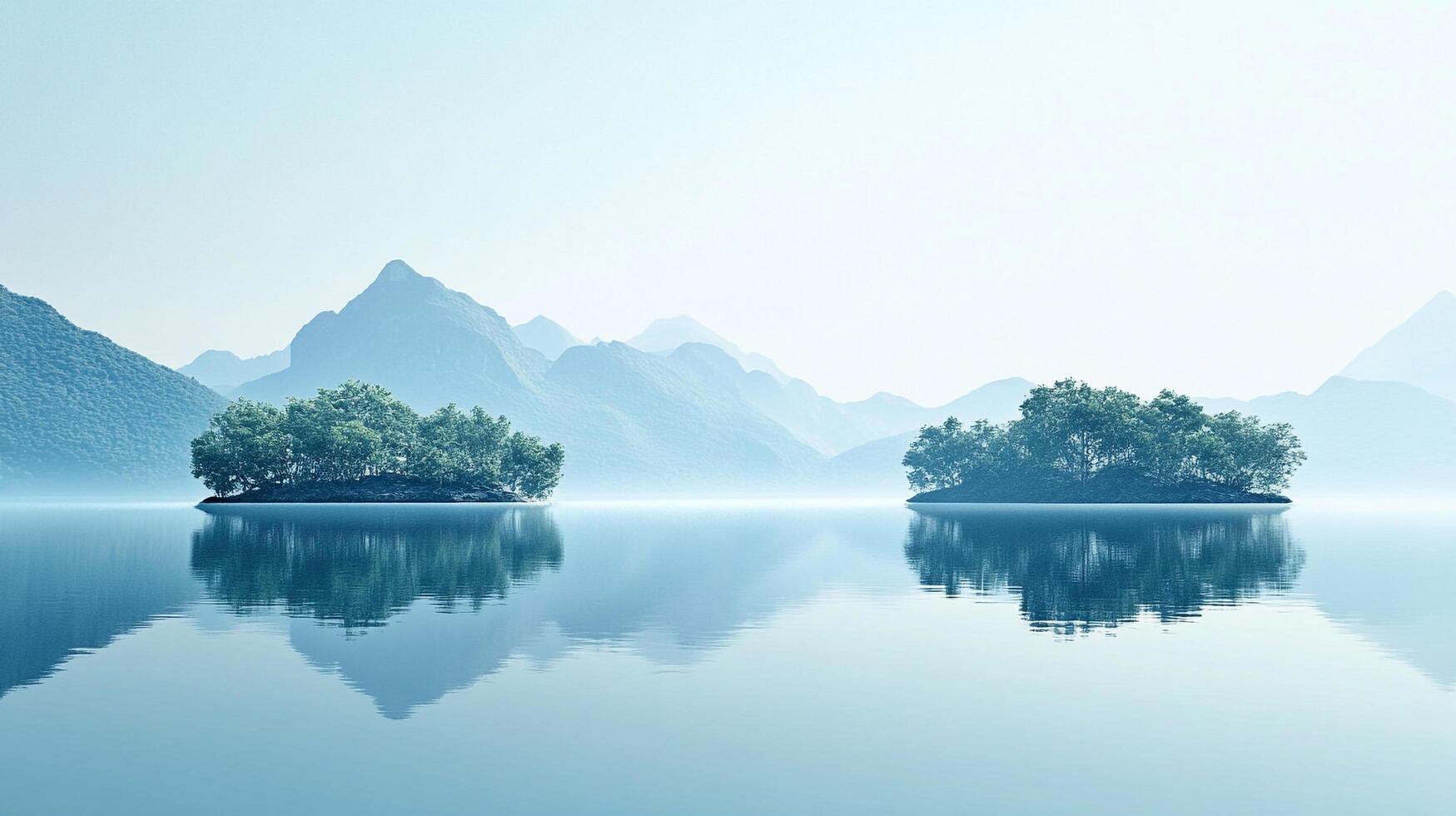 Scenic view of serene lake mirroring lush green islands, framed by mist-shrouded mountain silhouettes in the distance. Peaceful escape. photo