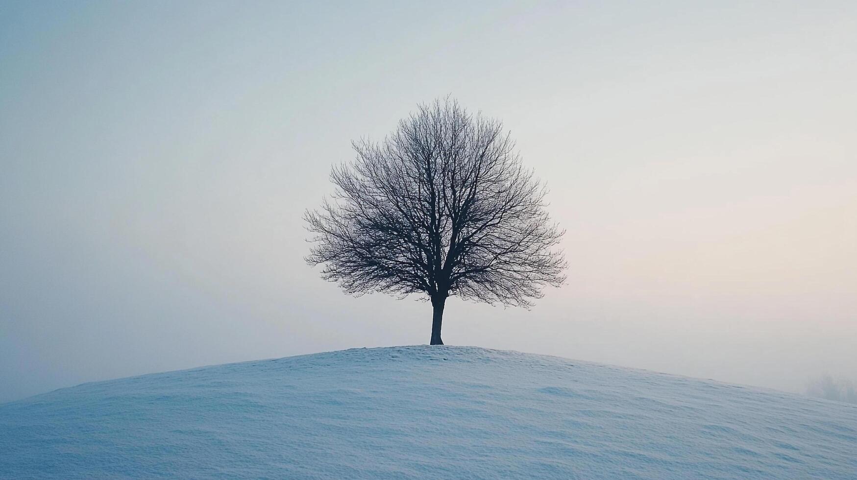Solitary winter tree stands against the cold sky, a stark silhouette on a snow-covered hill under the pale, muted light. photo