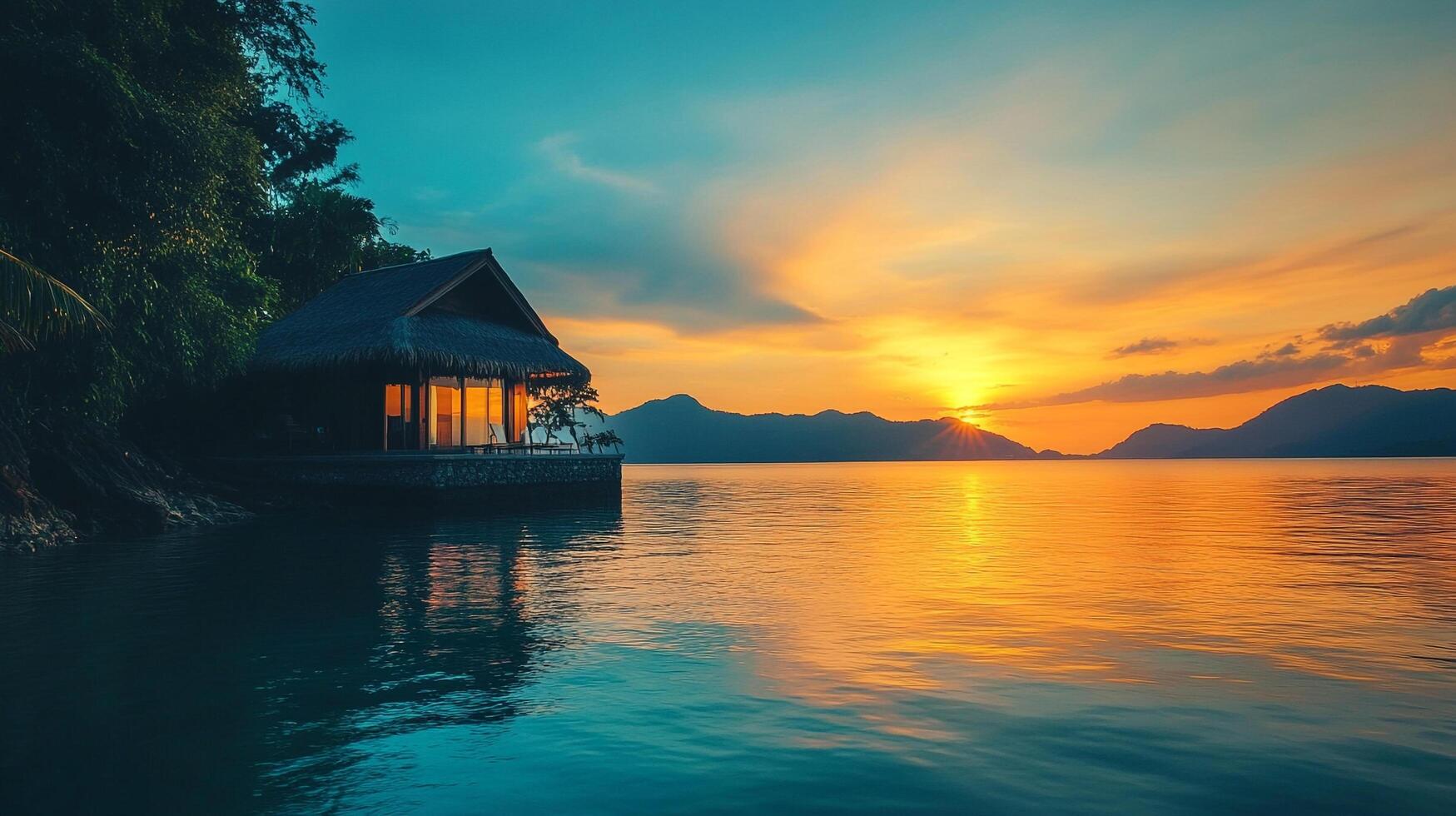 Seaside hut reflects warm sunset glow. Still water mirrors the light, mountains in the distance. Calm, tropical, vibrant, and serene. photo