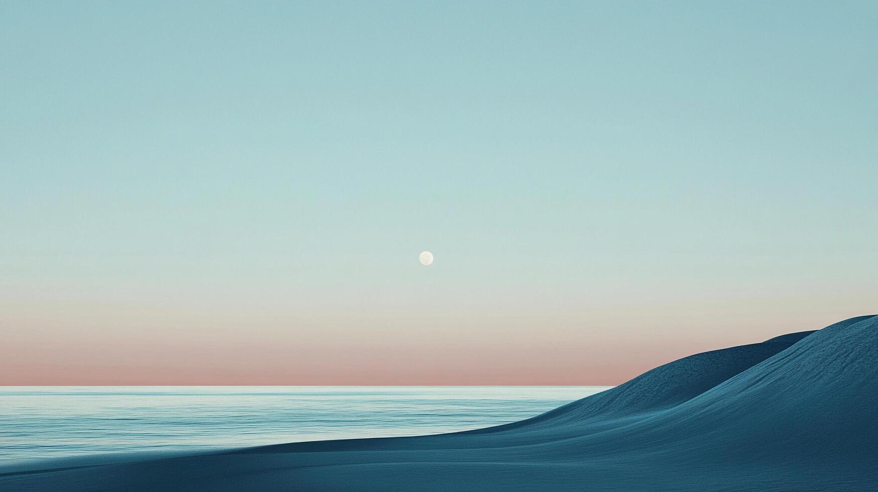 Minimalist seascape with a pale moon, tranquil waters, and rolling dunes in soft, pastel hues evokes serenity and peacefulness. photo