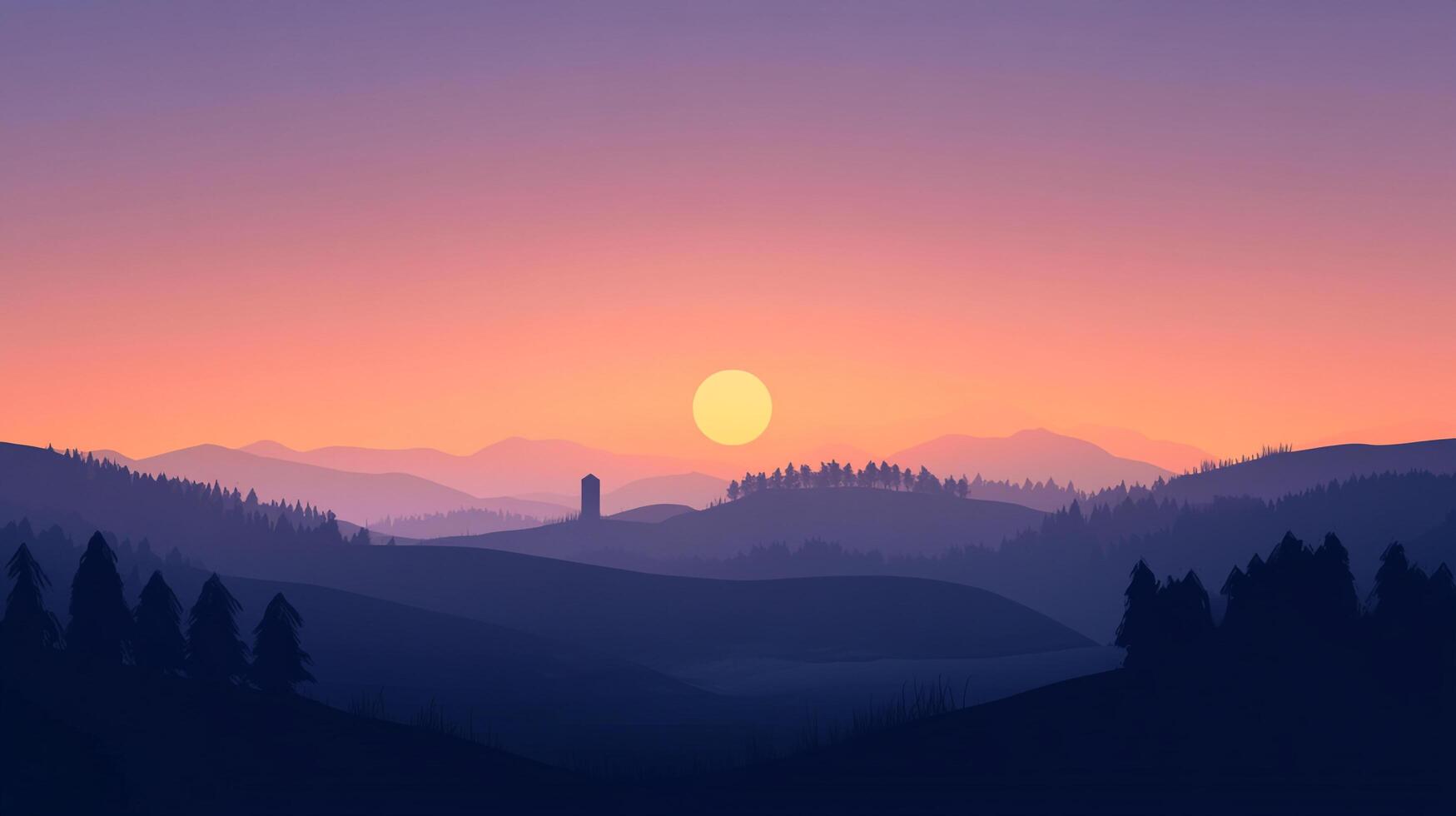 Scenic landscape featuring silhouetted hills, trees, and a serene sunset in shades of purple, orange, and yellow, creating a tranquil atmosphere. photo