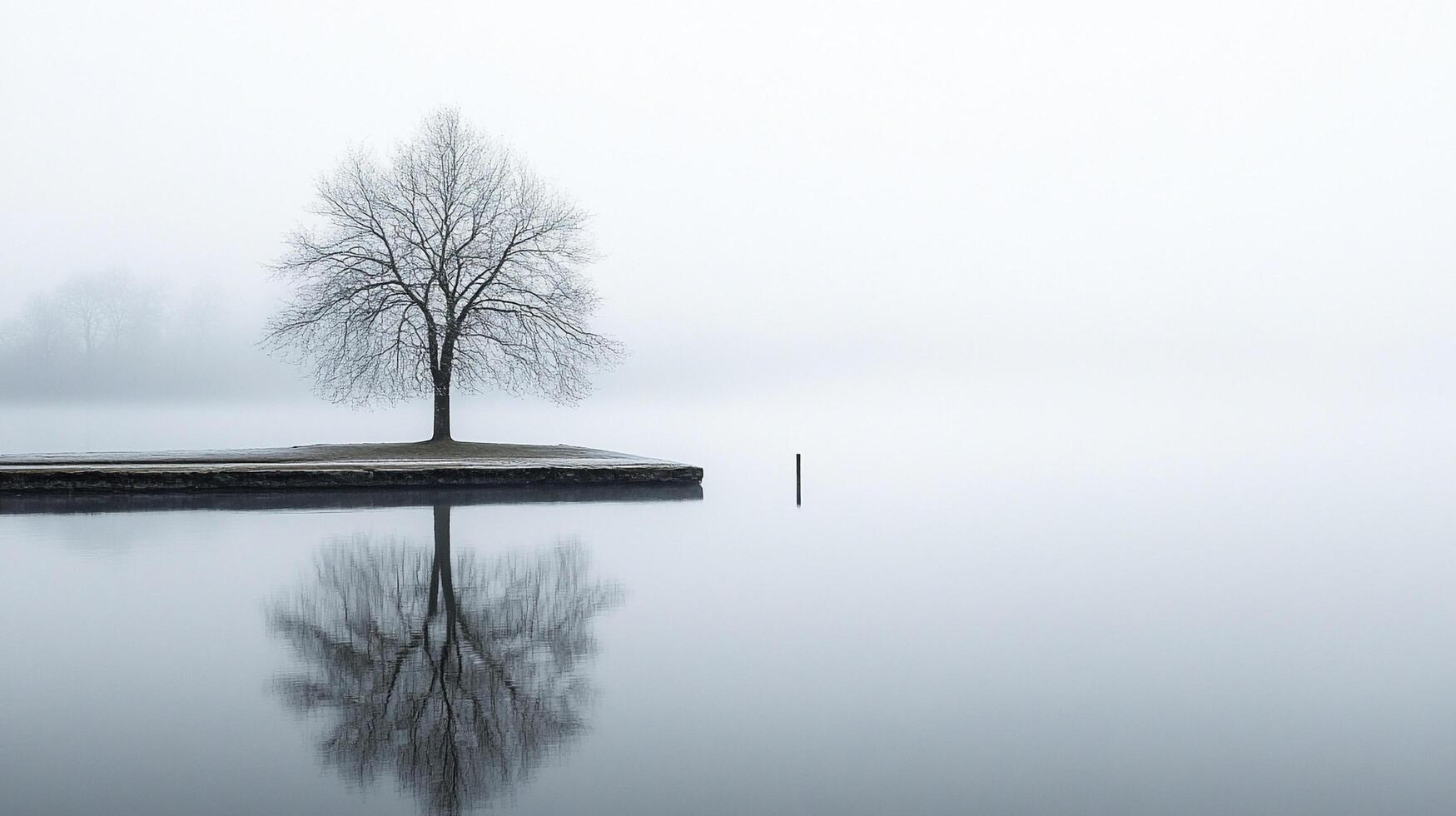 A solitary tree reflects in calm waters beneath a misty sky, evoking serenity and minimalist beauty in a peaceful monochrome landscape. photo