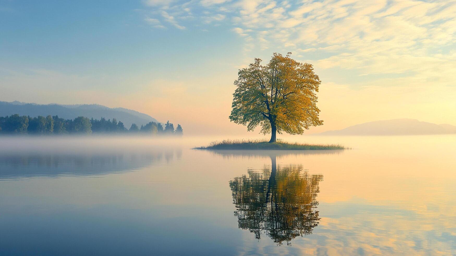 Lone tree reflecting on a serene lake surface during sunrise. Calm waters and misty background create a peaceful nature scene. photo