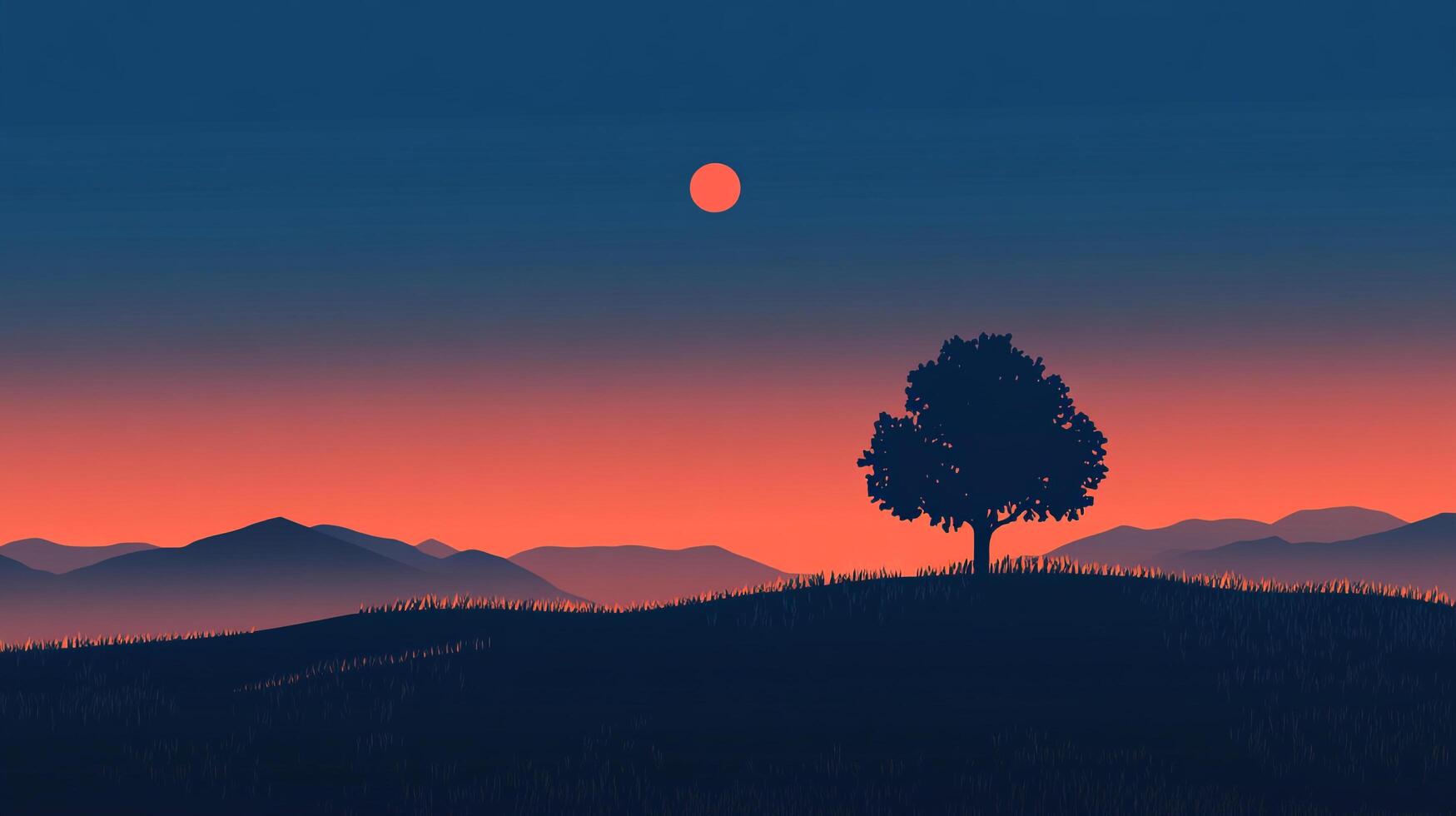 A minimalist landscape showcasing a solitary tree silhouetted against a vibrant gradient sky with mountains and the sun visible. photo