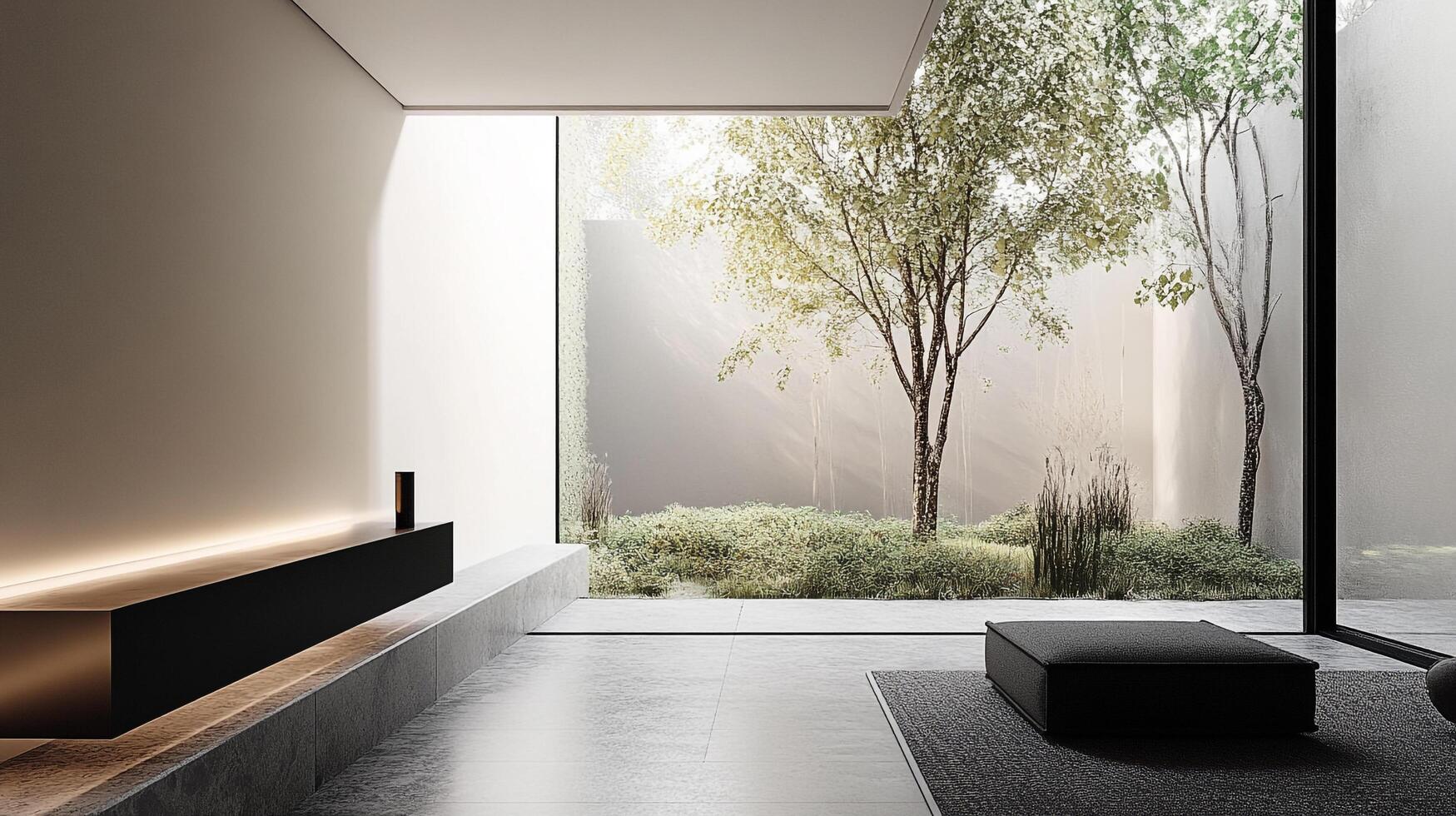 Minimalist interior with view of outdoor garden, serene and contemporary living space with natural light and sleek design elements. photo