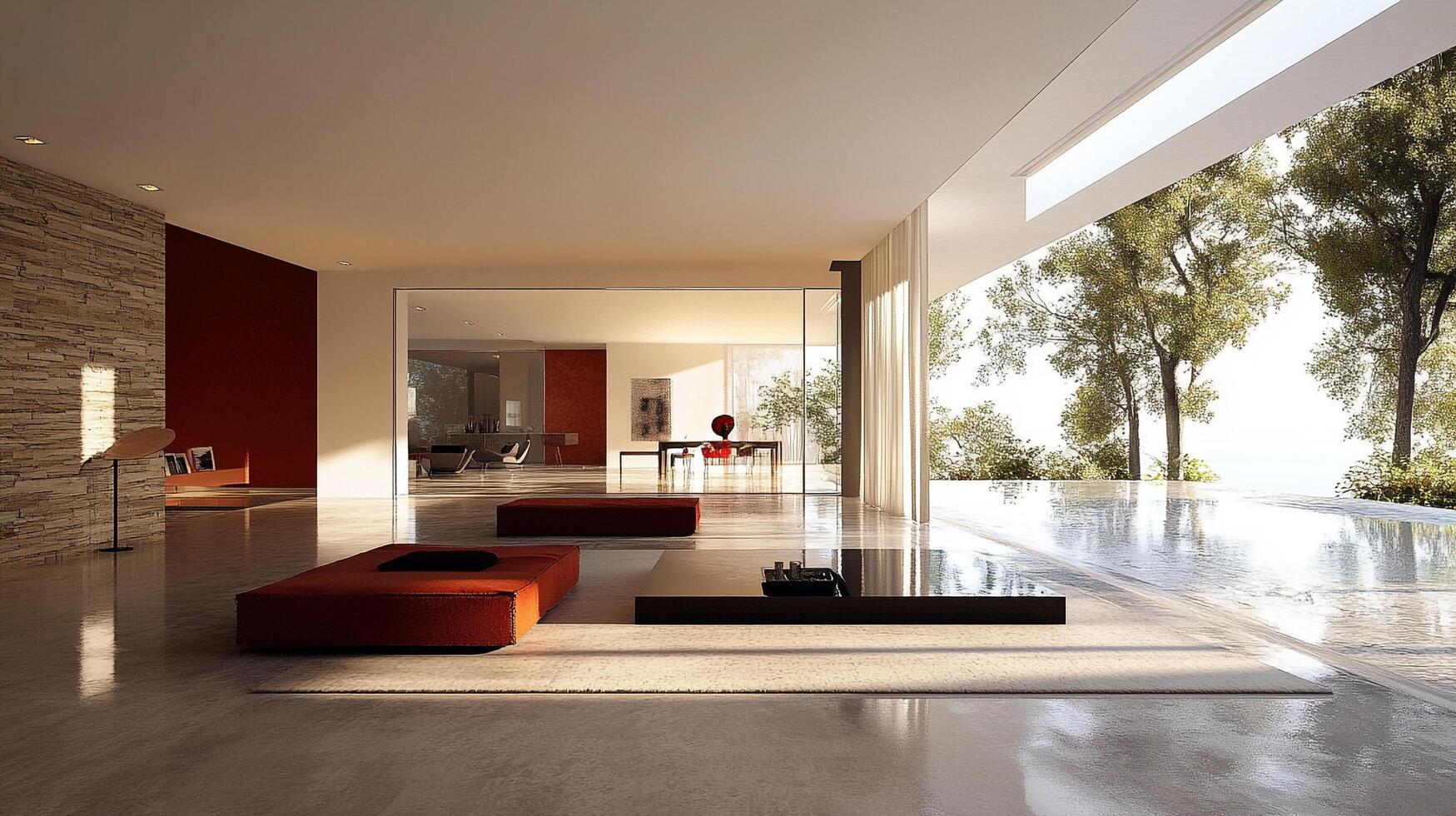 Sun-drenched modern living space with orange furniture, large windows, and sleek, minimalist decor for ultimate relaxation and stylish living. photo