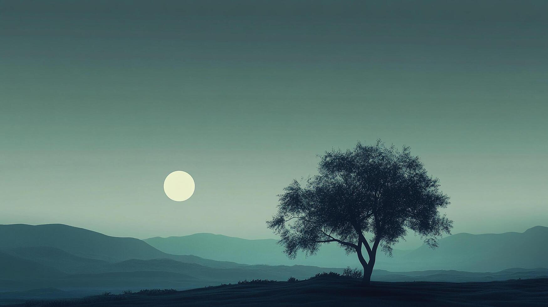 A solitary tree silhouetted against a pastel sky and mountain range, illuminated by the full moon, in the middle of an open field. photo