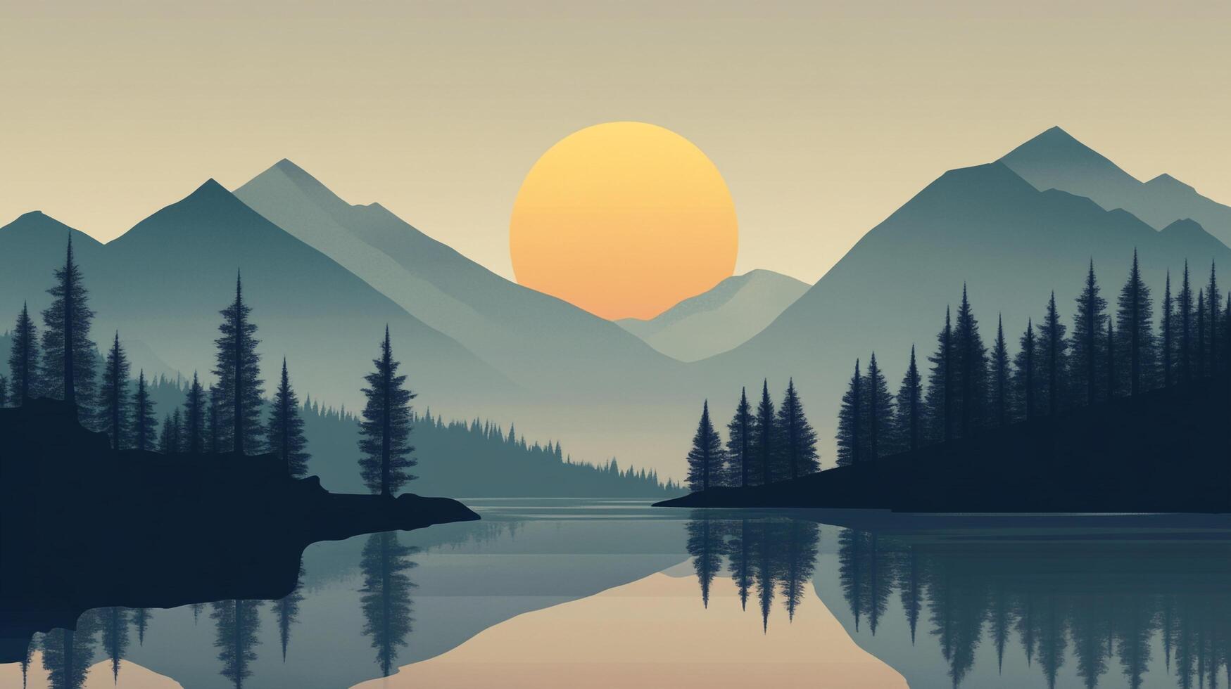 Minimalist mountain landscape with a serene lake reflecting the setting sun, creating a peaceful and tranquil atmosphere. photo