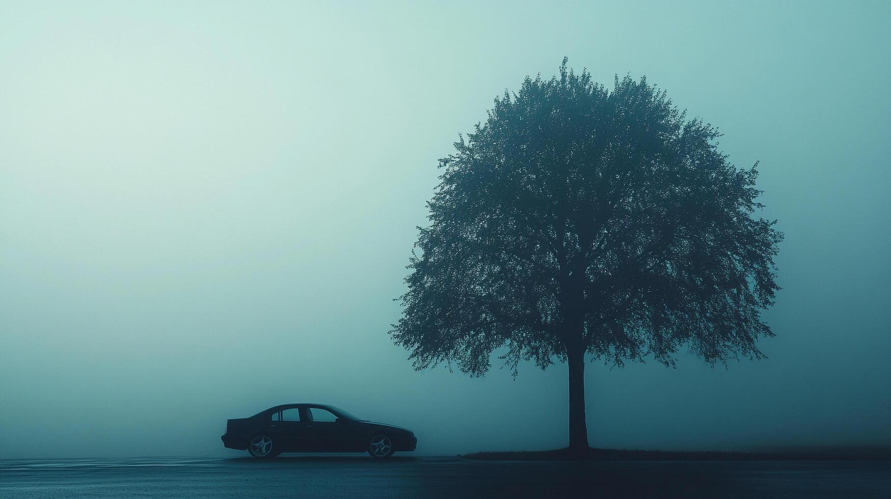 A sedan parks near a towering tree in heavy fog. The tree's silhouette stands out against the hazy sky. The setting is serene and mysterious. photo