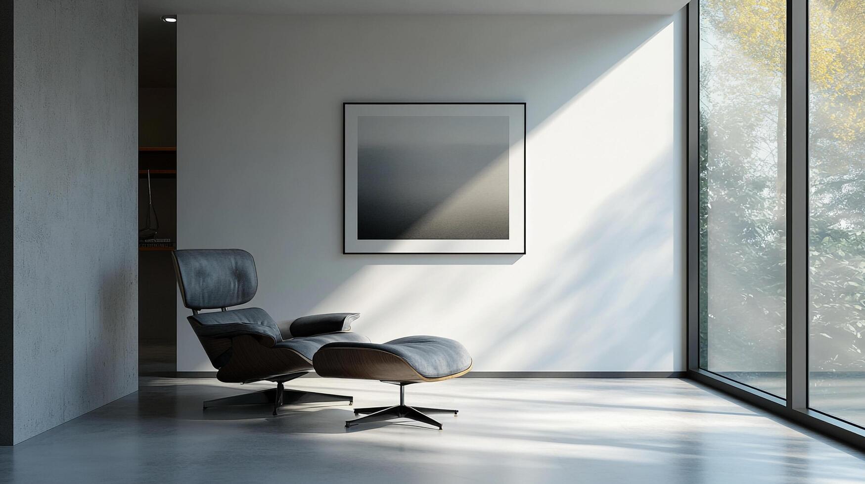 Minimalist interior with lounge chair and ottoman under framed print, illuminated by natural light from nearby window. photo