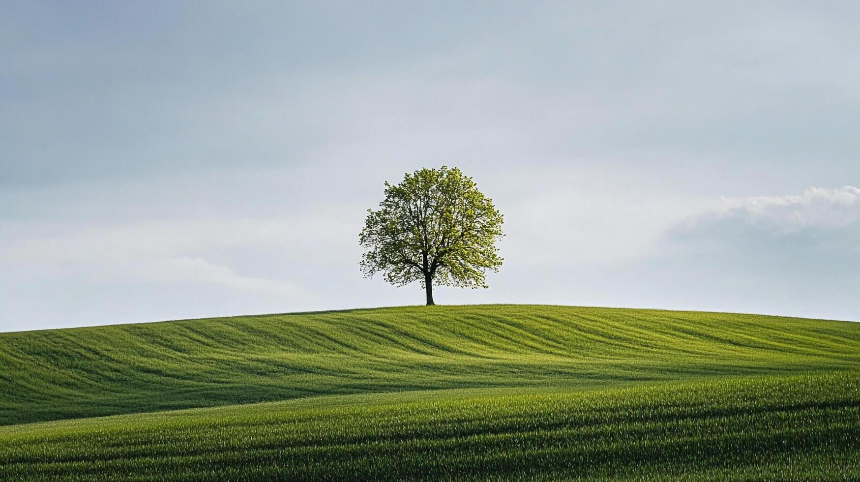 Lone tree stands on a vibrant green hill, bathed in soft sunlight. A tranquil scene under a vast, open sky. Nature's peaceful beauty. photo
