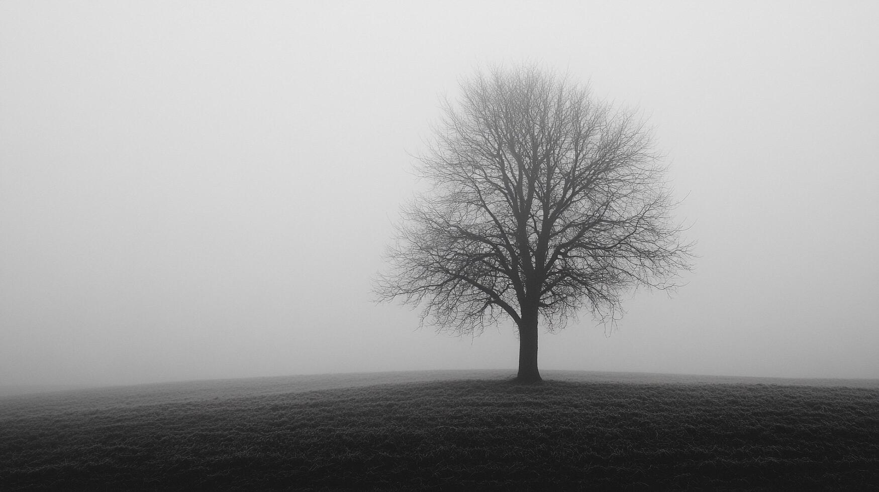 Monochrome landscape with a solitary, bare tree on a foggy field, evoking a sense of isolation and mystery in a minimalist composition. photo