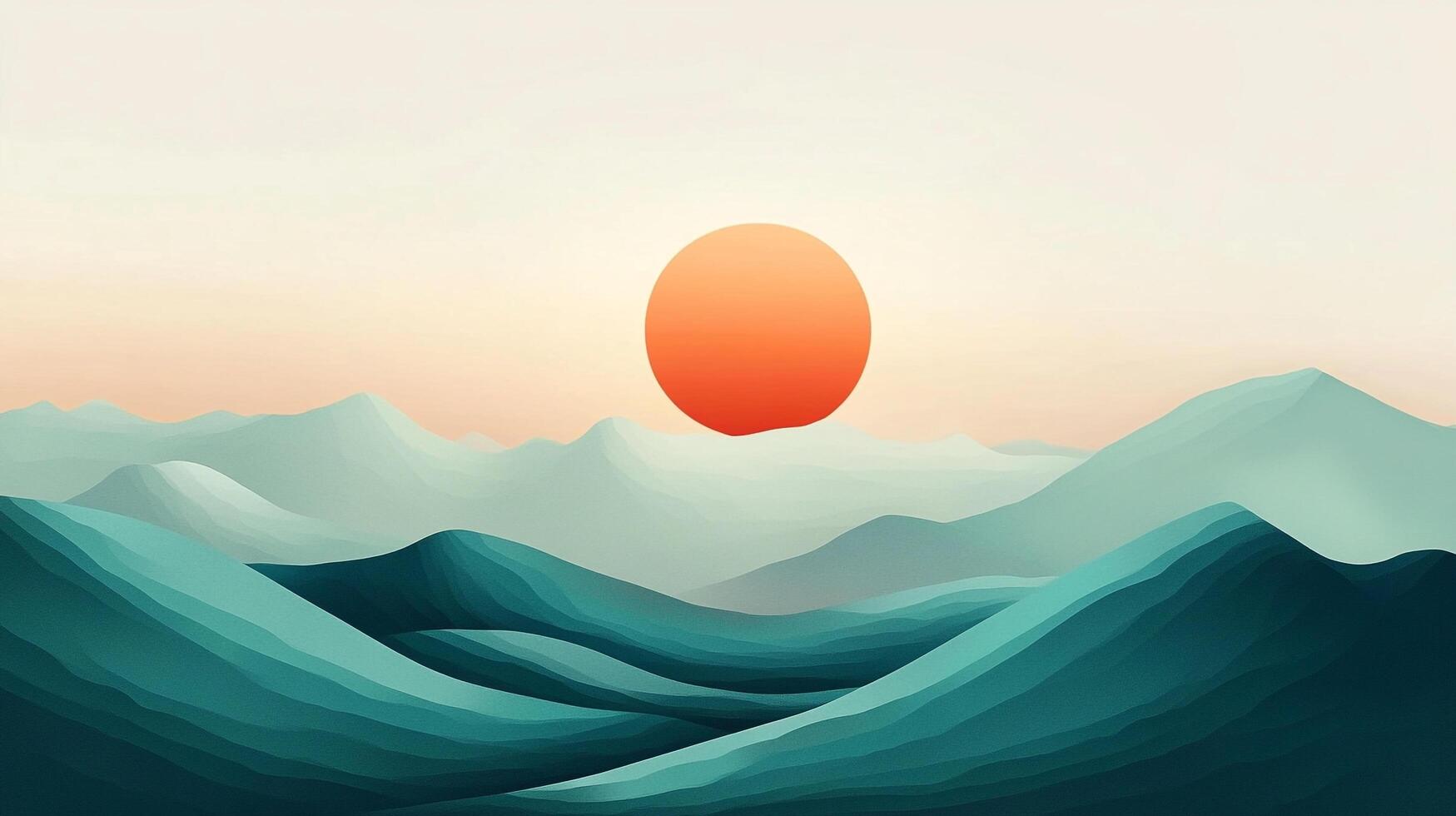 Stylized landscape with layered mountains in cool hues under a warm sunset, creating a serene and peaceful digital art scene. photo