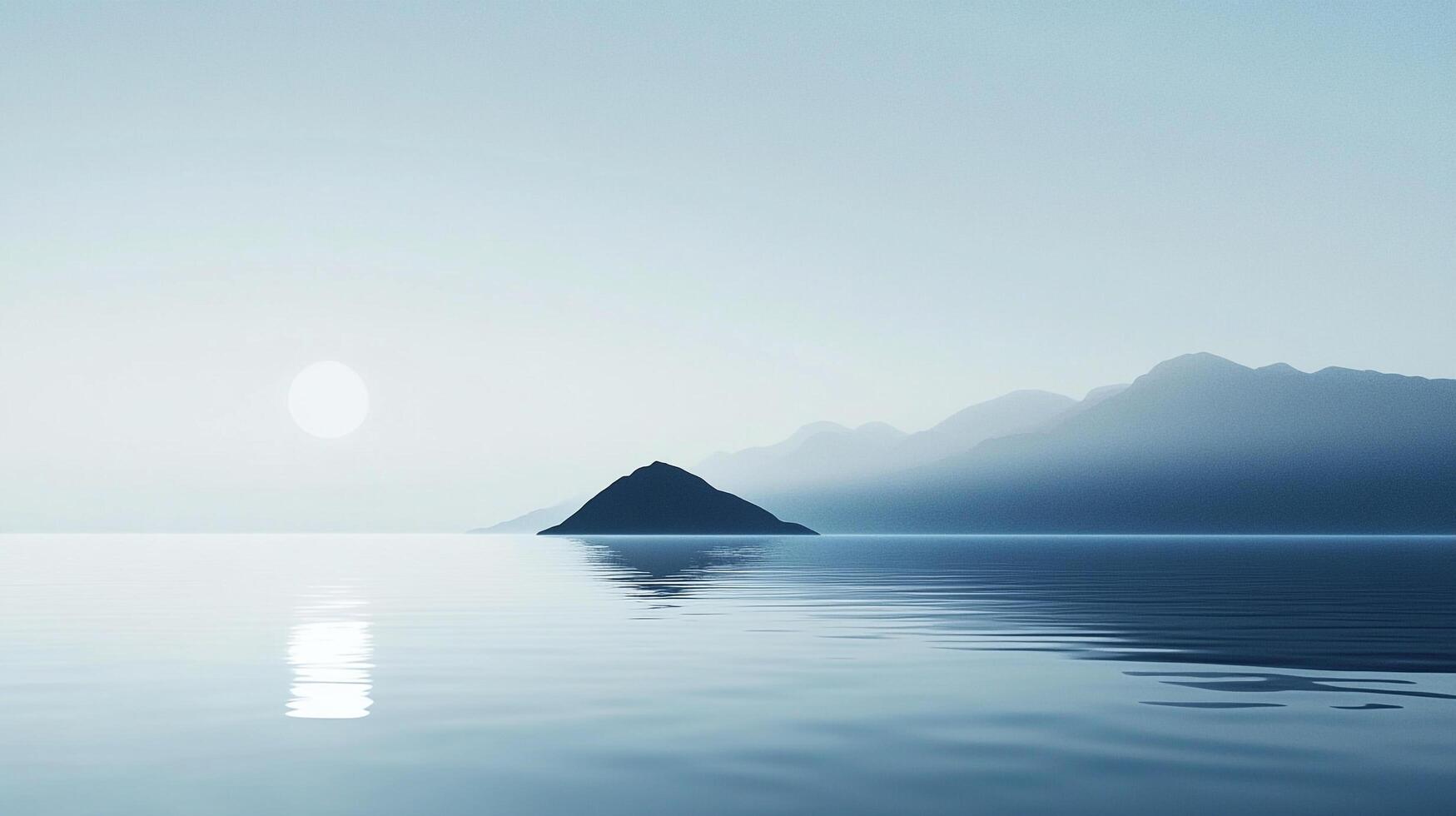 Serene island vista with tranquil waters mirroring the sky, mountains on the horizon and sunlight reflecting off the water. photo