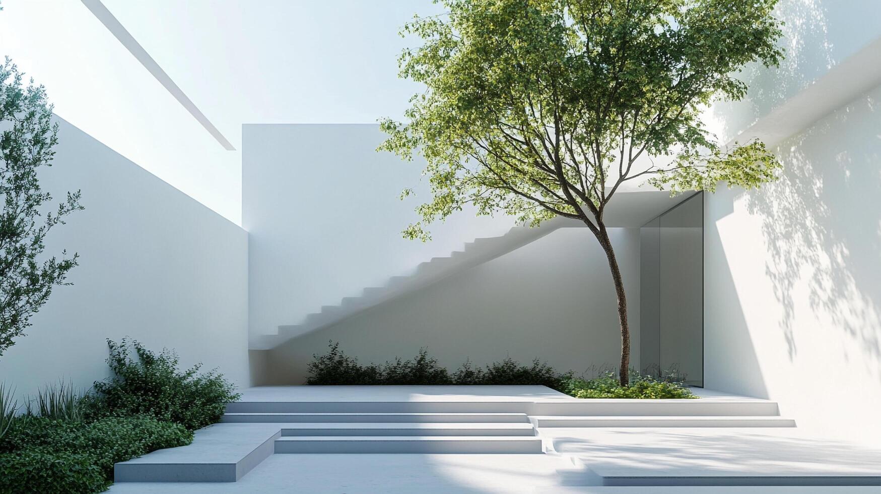 Minimalist architectural design blending nature and clean lines, showcasing a tree in a courtyard with white walls and subtle shadows. photo