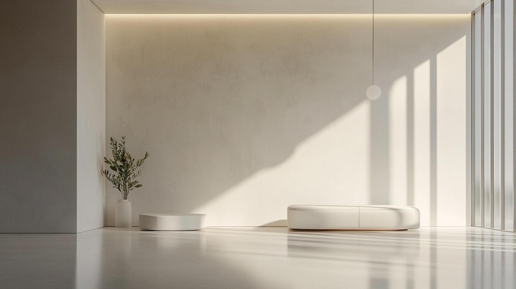 Minimalist room bathed in sunlight, featuring a plant, platforms, and sleek design elements. Serene atmosphere for relaxation and contemplation. photo