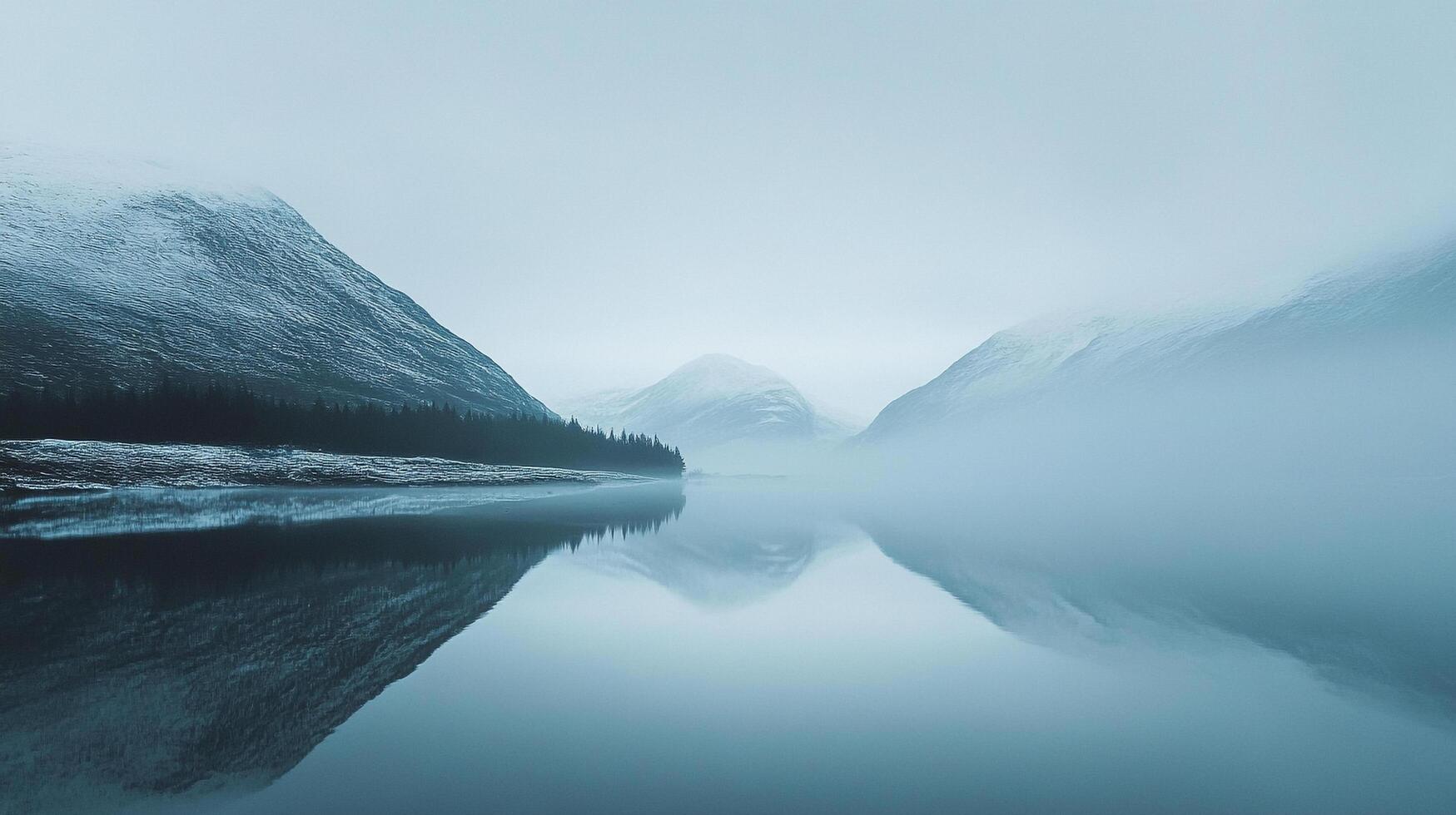 Mist-shrouded mountains reflected in serene waters, a tranquil scene in shades of blue, white, and gray, evokes a sense of peace. photo