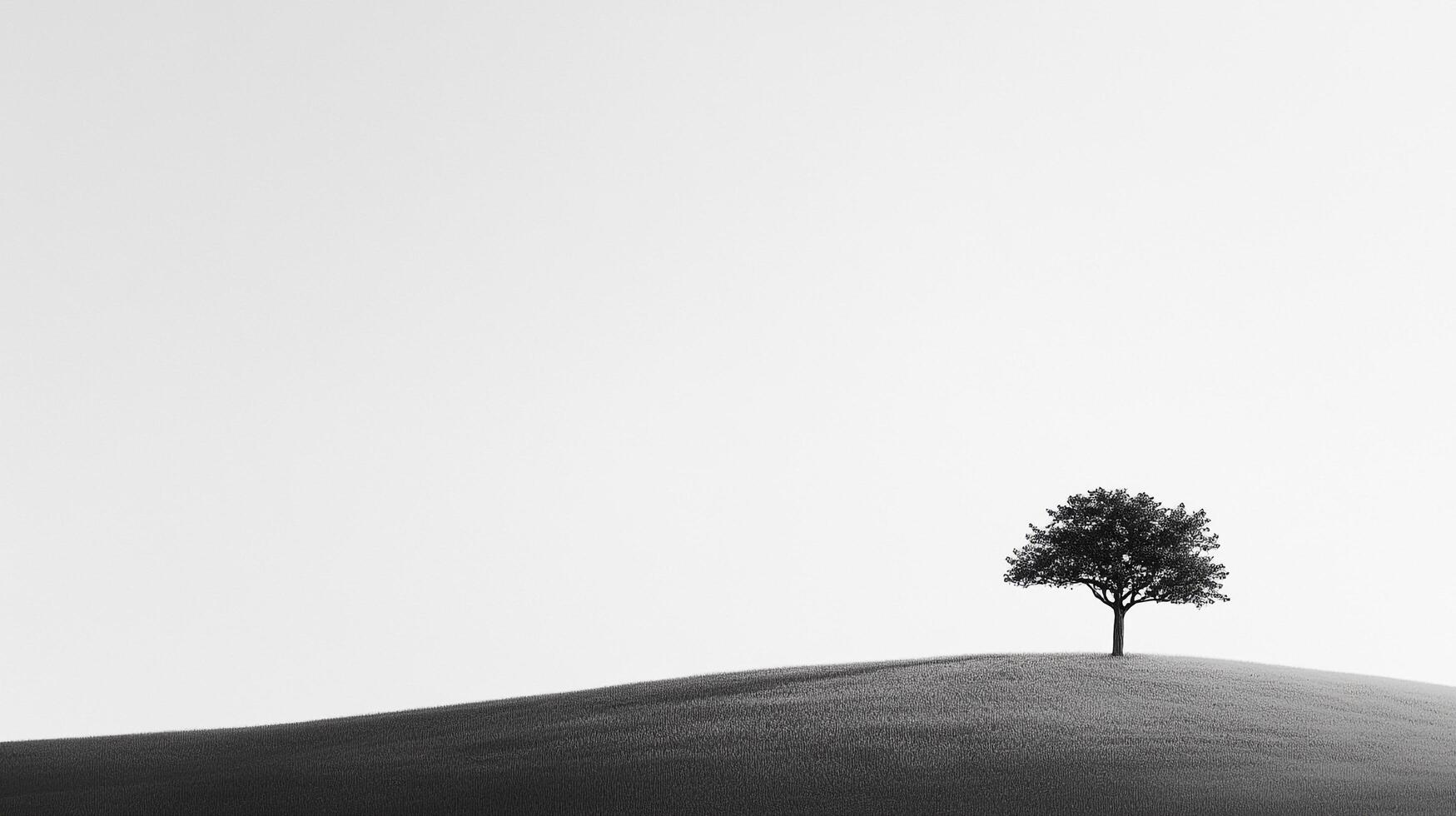 Solitary tree standing on a hilltop against a bright sky, creating a peaceful and minimalist scene. Simple landscape photography. photo