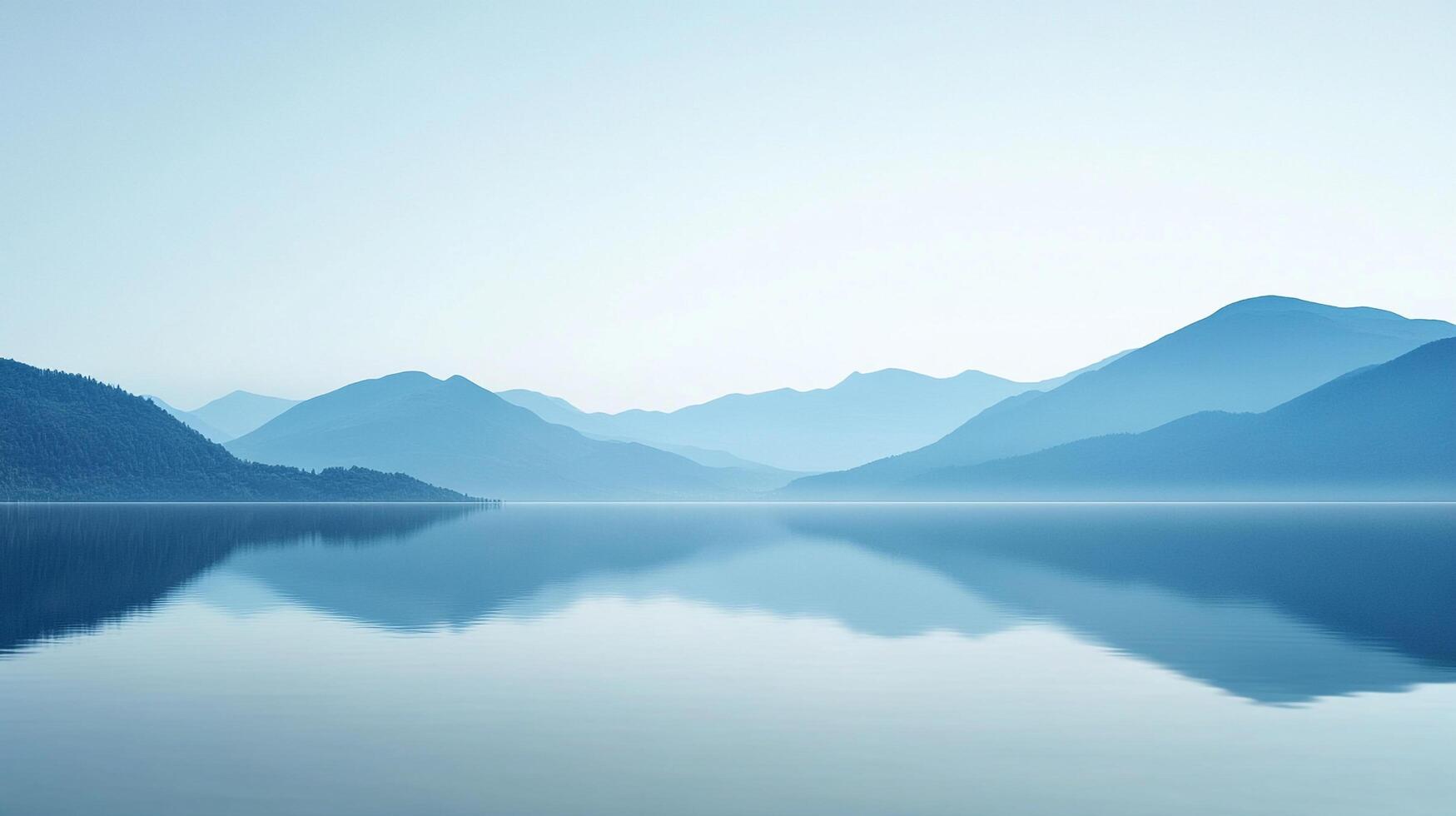 A tranquil scene unfolds where layered blue mountains meet a calm lake under a serene sky, mirrored perfectly on the water's smooth surface. photo