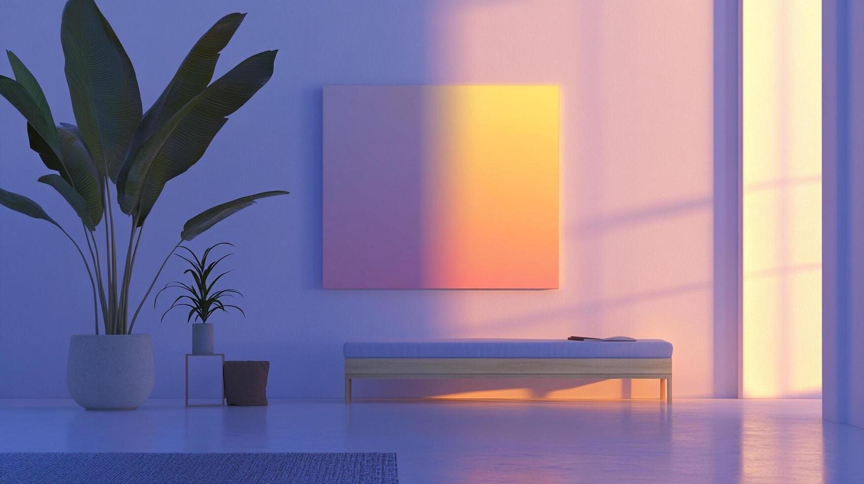 Minimalist room with plants, bench, and abstract art bathed in soft light, creating a serene, modern interior design concept. photo
