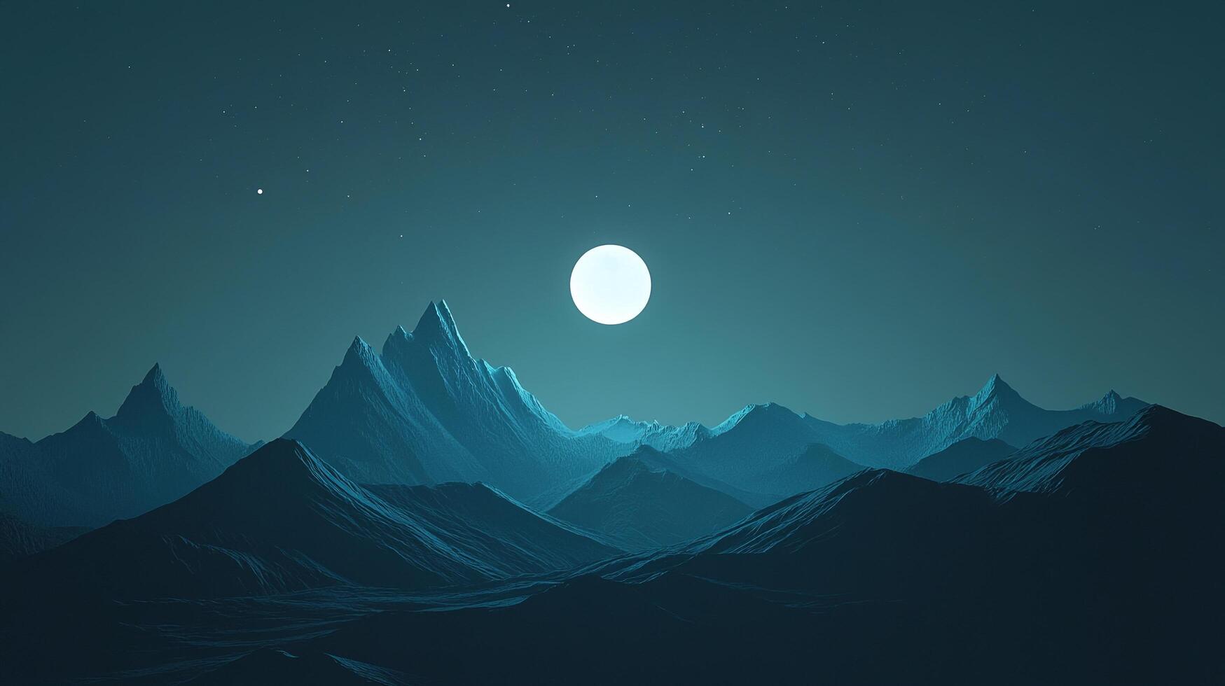 Serene mountainscape illuminated by a full moon, creating a peaceful, ethereal night scene. Stars twinkle in the indigo sky above the peaks. photo