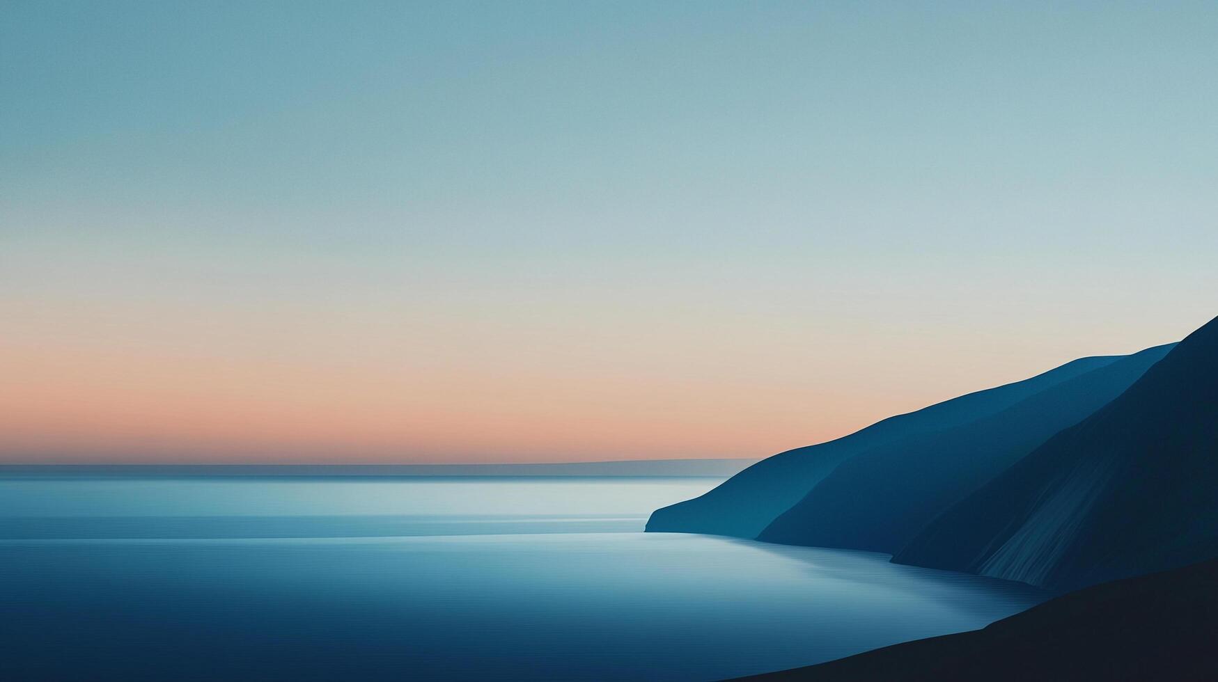 A tranquil coastal view at sunset. The ocean meets the sky in a soft gradient of blue and peach, with silhouetted mountains in the distance. photo