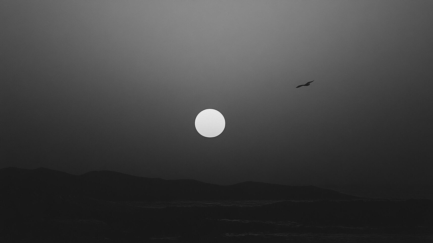 Monochromatic landscape features sun overlooking misty hills, ocean, and solitary bird flying in the distance against dark sky. photo