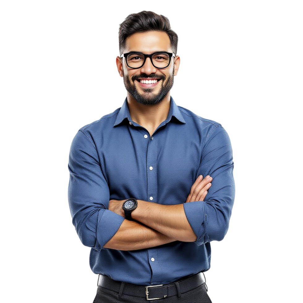 A man in glasses and a blue shirt is smiling png