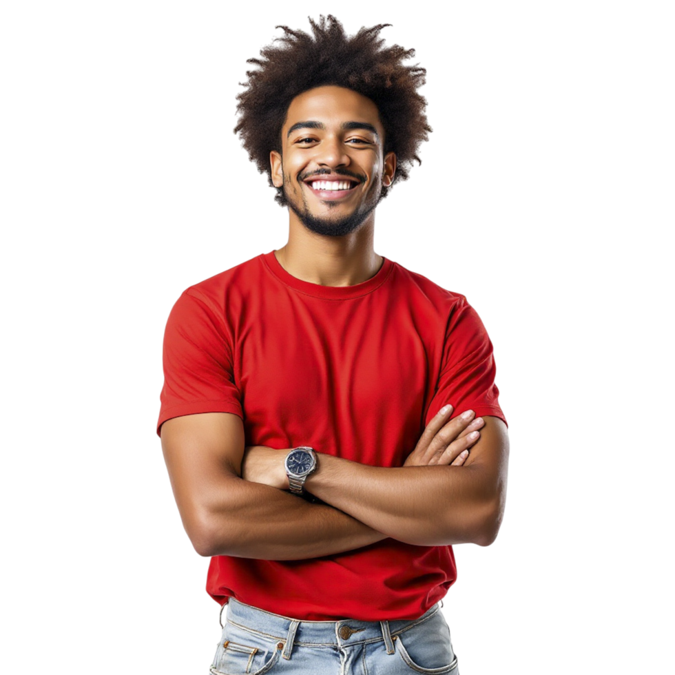 A man in a red shirt is smiling png