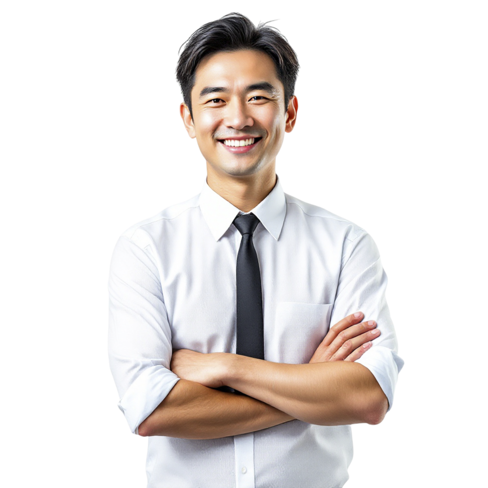Asian businessman with arms crossed standing with his hands on his chest png