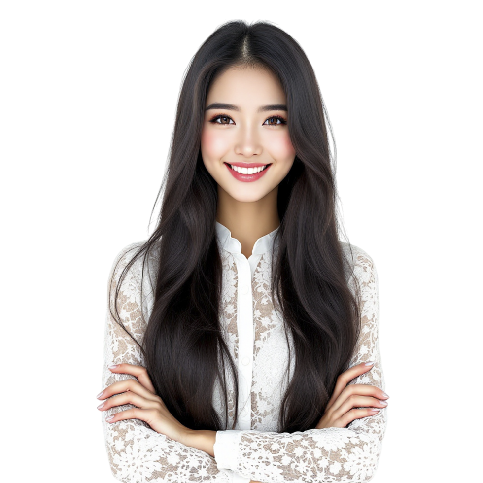 A beautiful young woman with long hair and a white blouse png