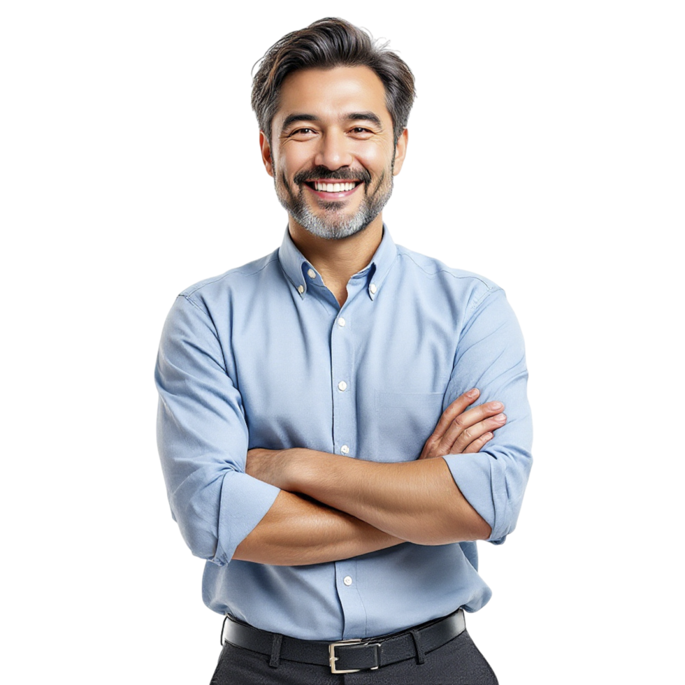 A man with a beard and blue shirt standing with his arms crossed png
