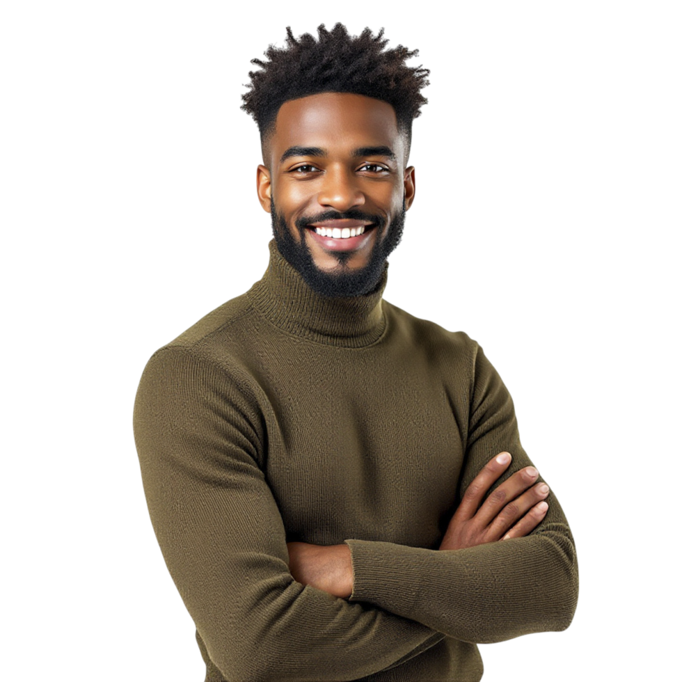 A smiling black man in a turtle neck sweater png