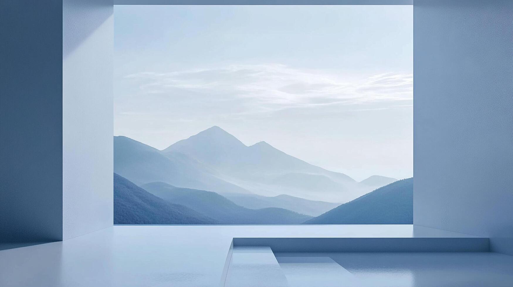 Minimalist studio with a serene mountain view. The blue and white tones create a peaceful, calming atmosphere. Abstract and modern aesthetic. photo