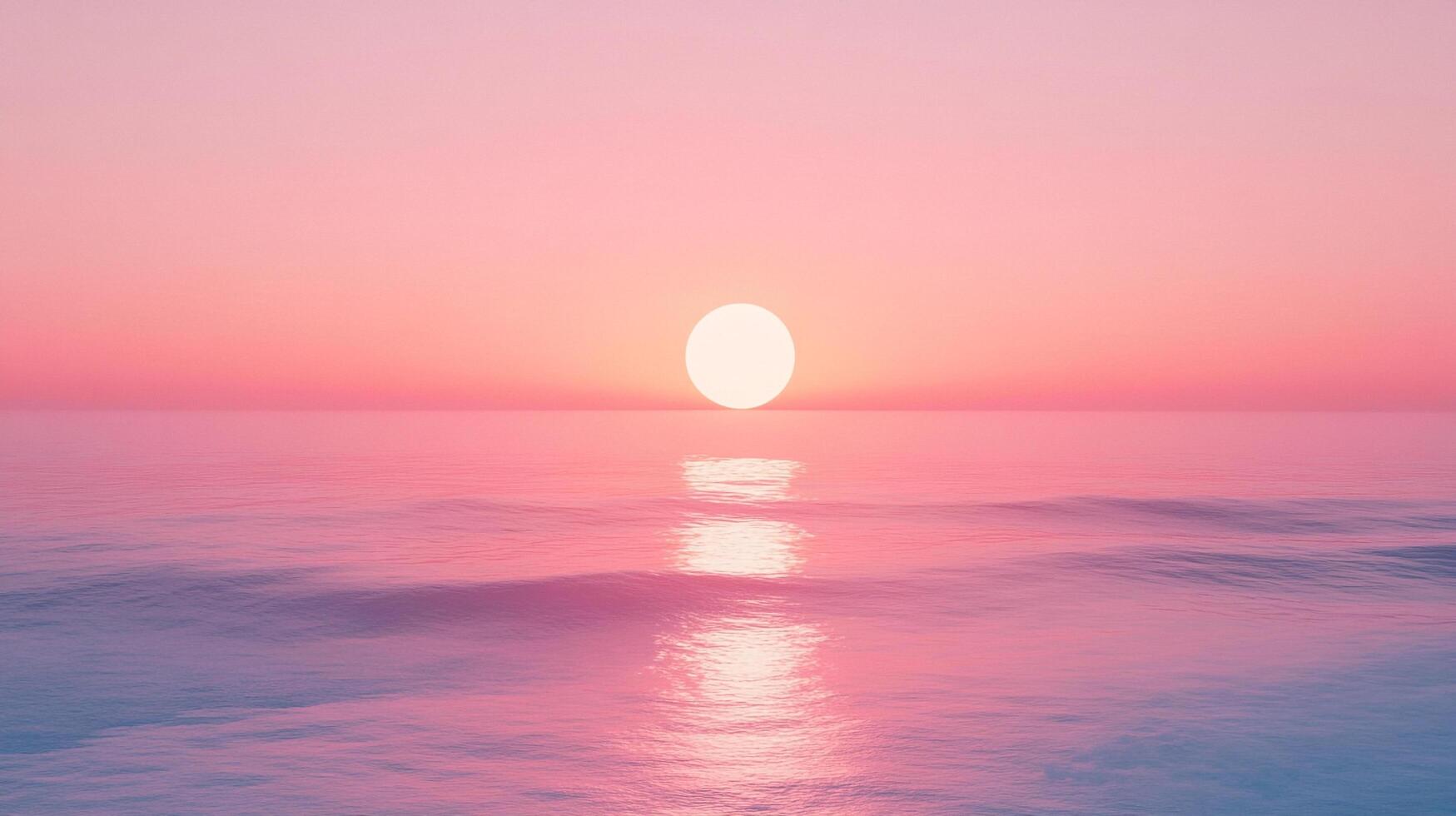 Pink sunset over calm ocean waters reflecting the sunlight. Soft, pastel colors create a peaceful scene, perfect for relaxation. photo