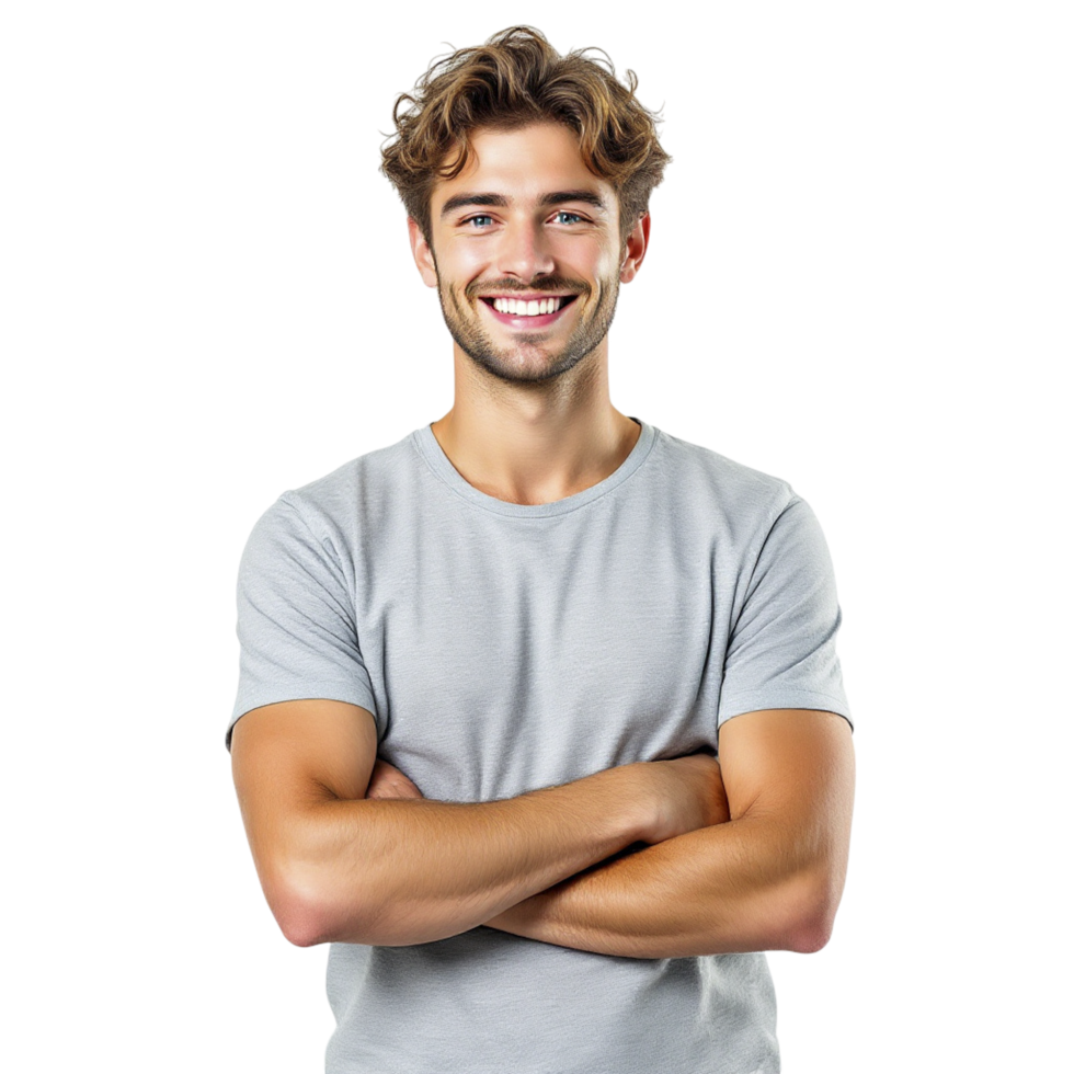 A man in a gray t - shirt is smiling png