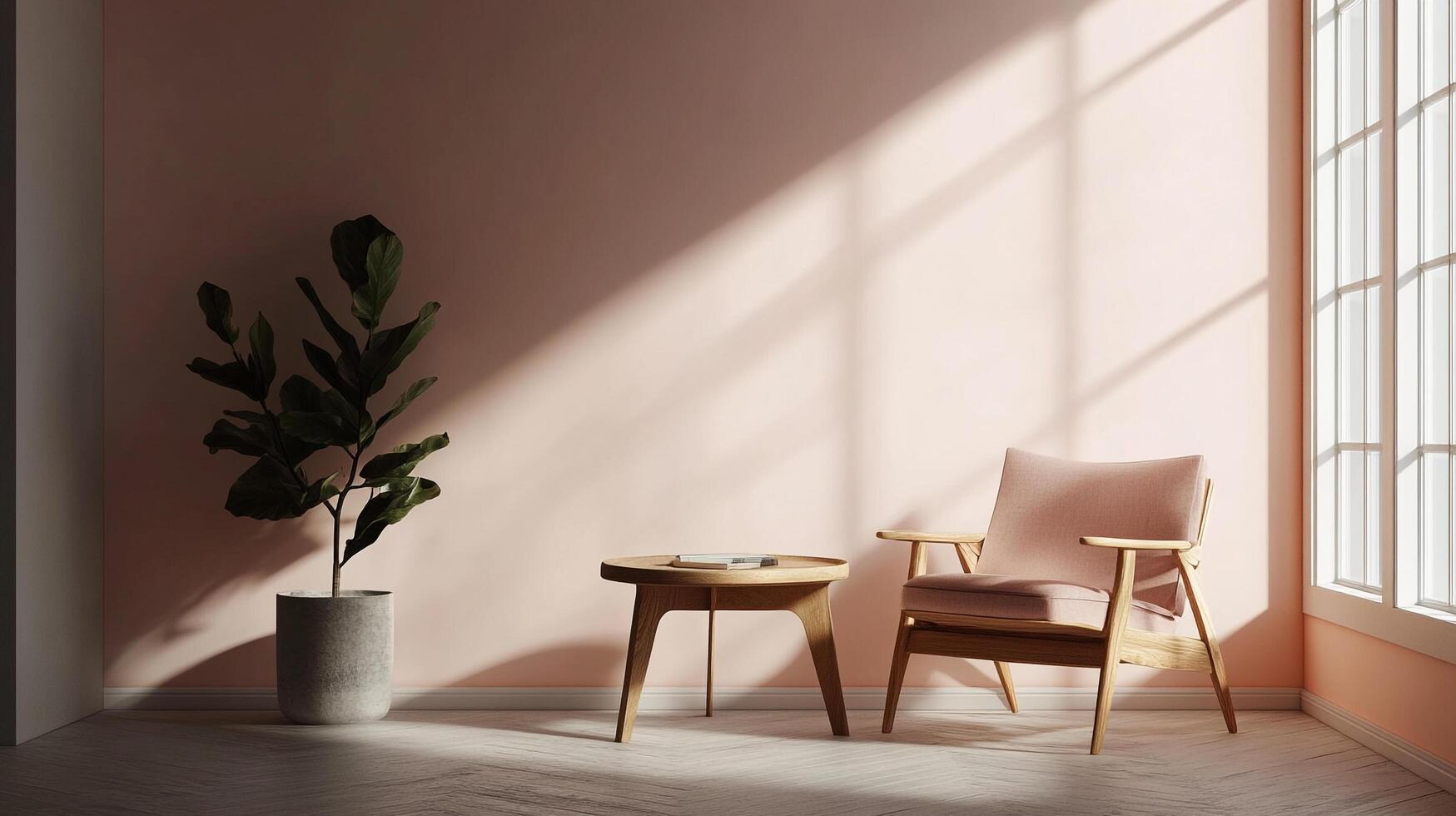 Stylish living room design with soft lighting, showcasing an inviting armchair and a lush potted plant near the window. photo