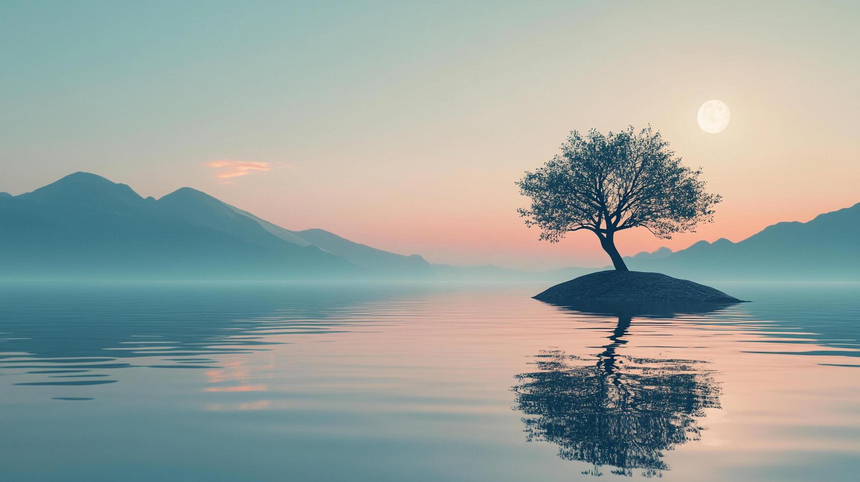 Serene island scene with lone tree reflected in calm water, mountains backdrop and moon above, evoking peace and solitude. photo