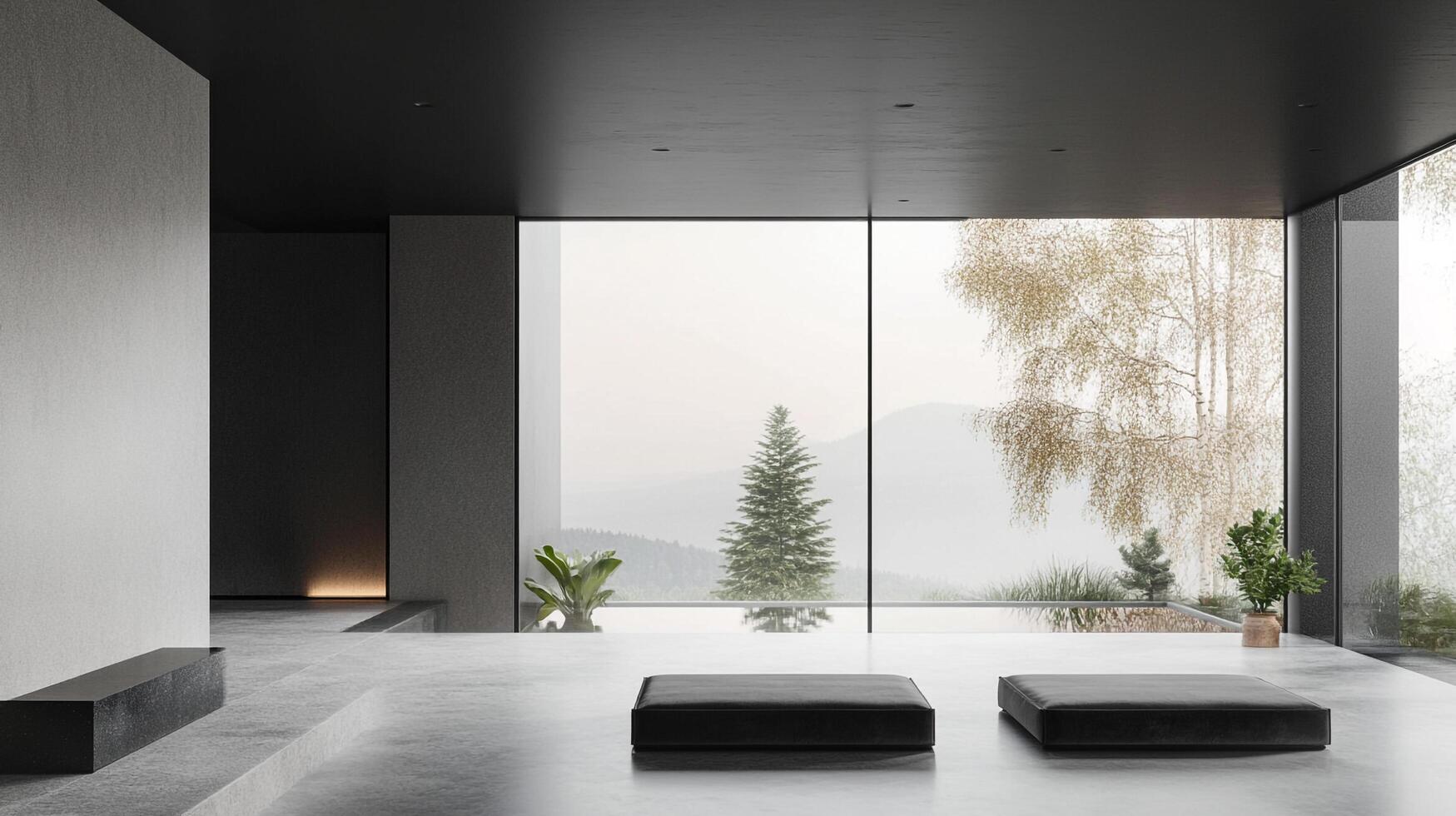 Minimalist architecture features a sleek, modern interior with a large window framing a serene mountain vista. A tranquil retreat. photo