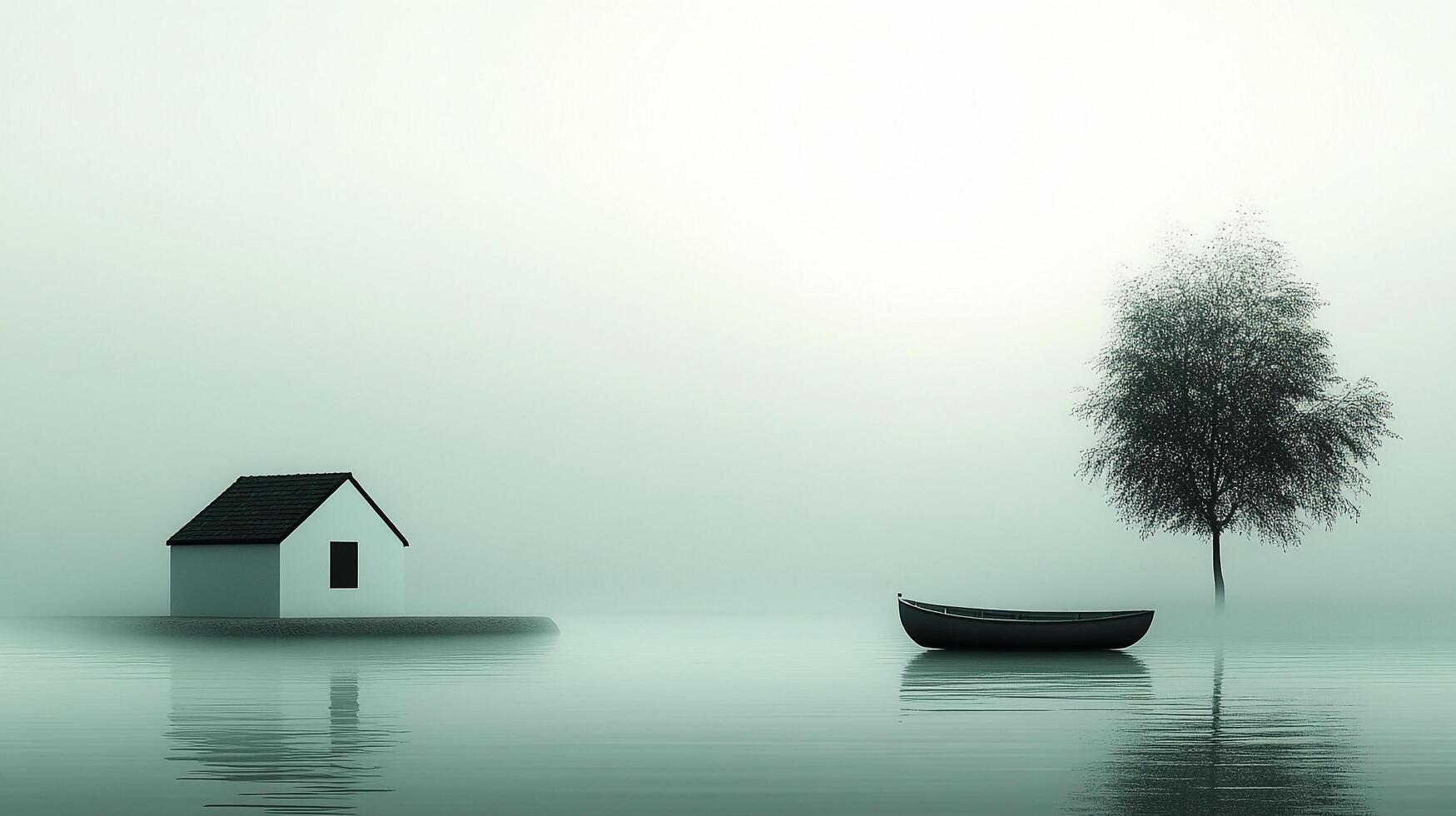 A serene scene of a small house on a tiny island with a boat and tree in a misty lake, creating a sense of tranquility and isolation. photo